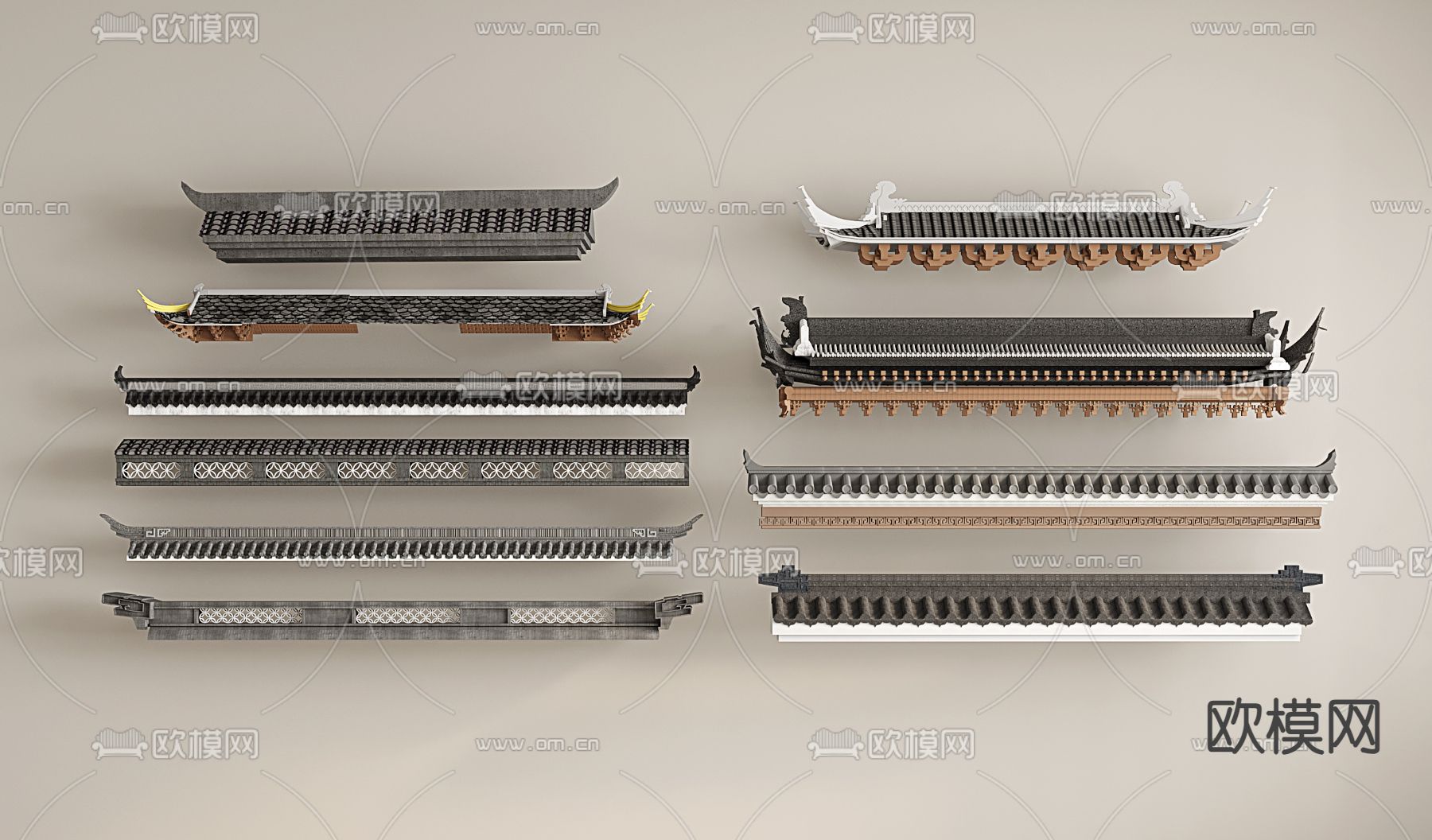 中式屋檐 房檐 飞檐 屋脊 瓦片3d模型下载