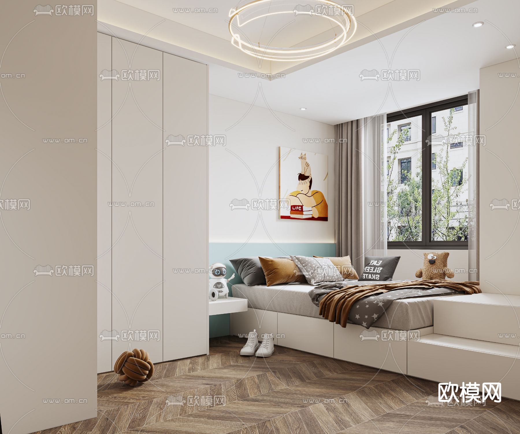 道亨效果图设计丨奶油风卧室 主卧免费3d模型下载（渲染图2）