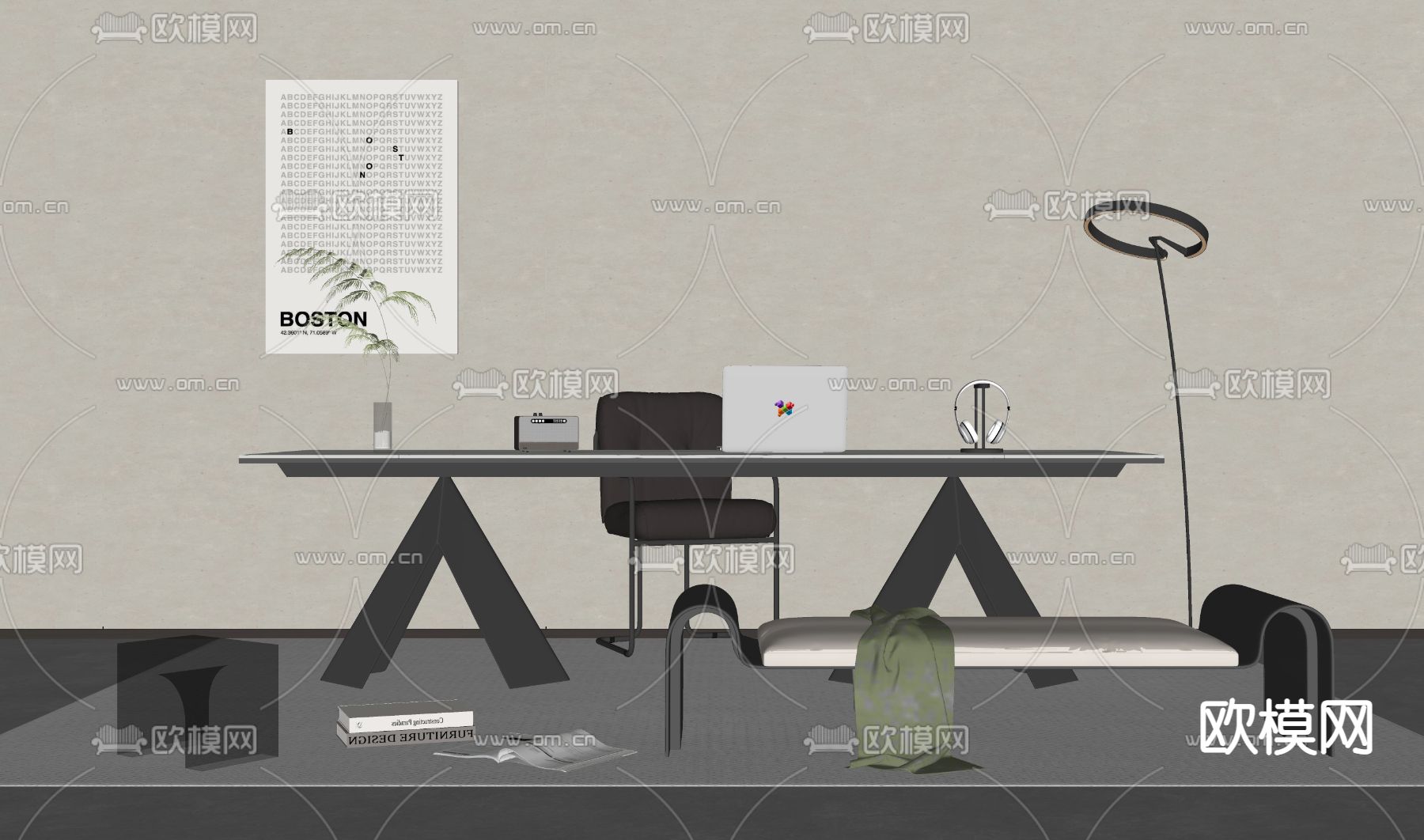 现代书桌椅su模型下载（渲染图1）