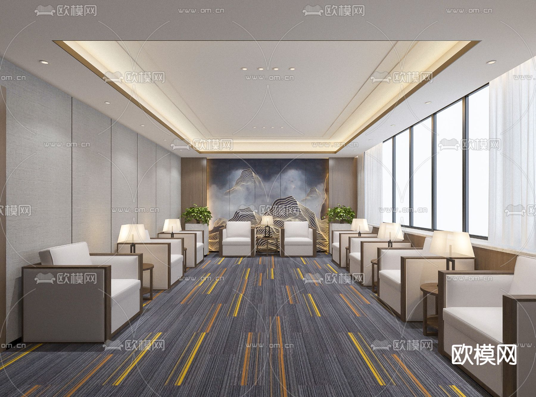 新中式会客厅 接待室su模型下载（渲染图2）