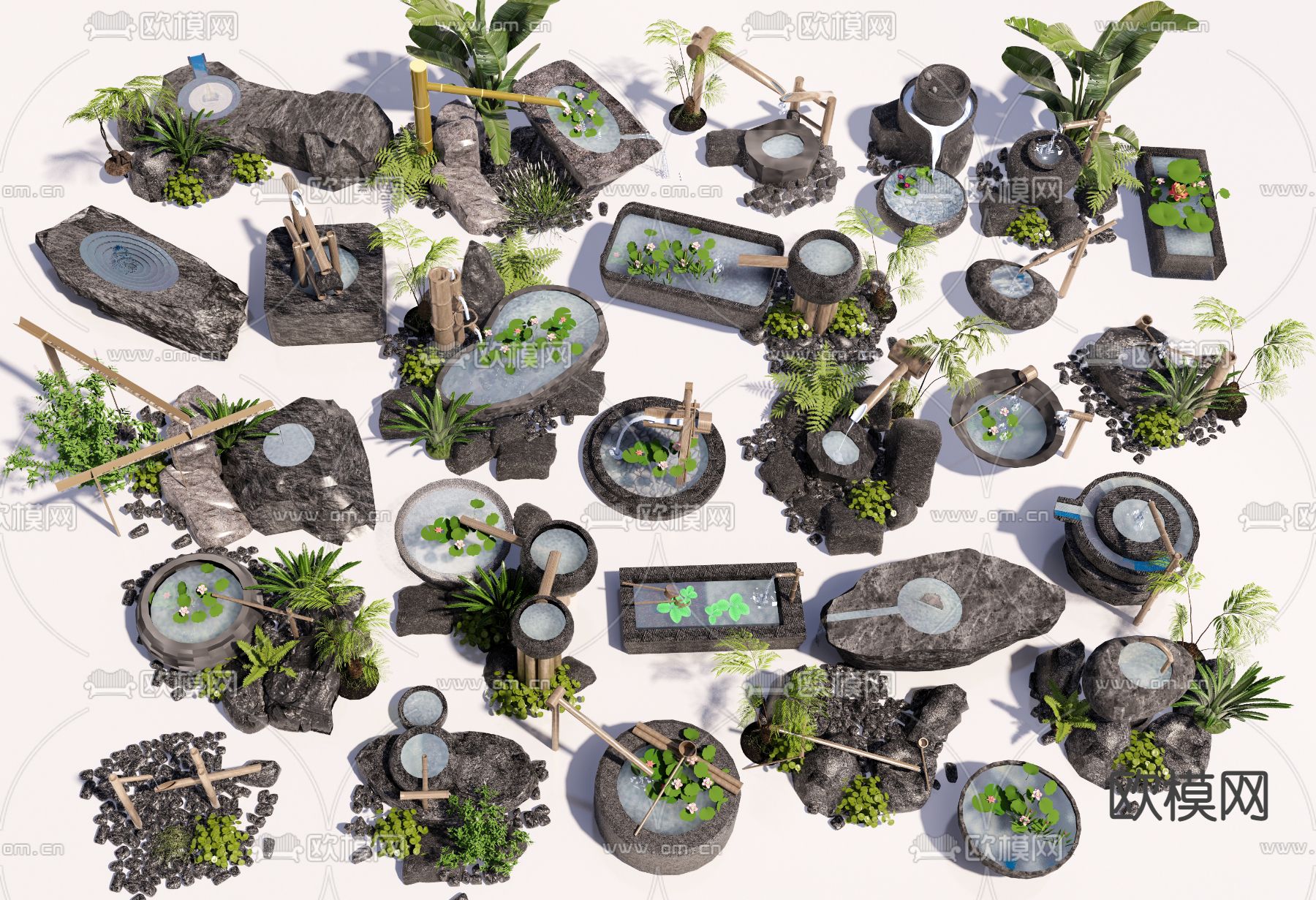 流水石钵 枯山水小品su模型