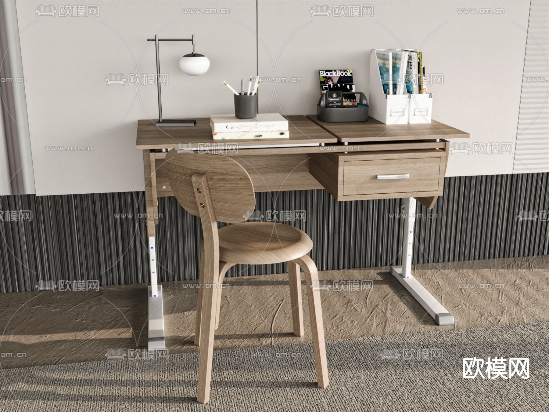 现代书桌椅su模型下载（渲染图2）