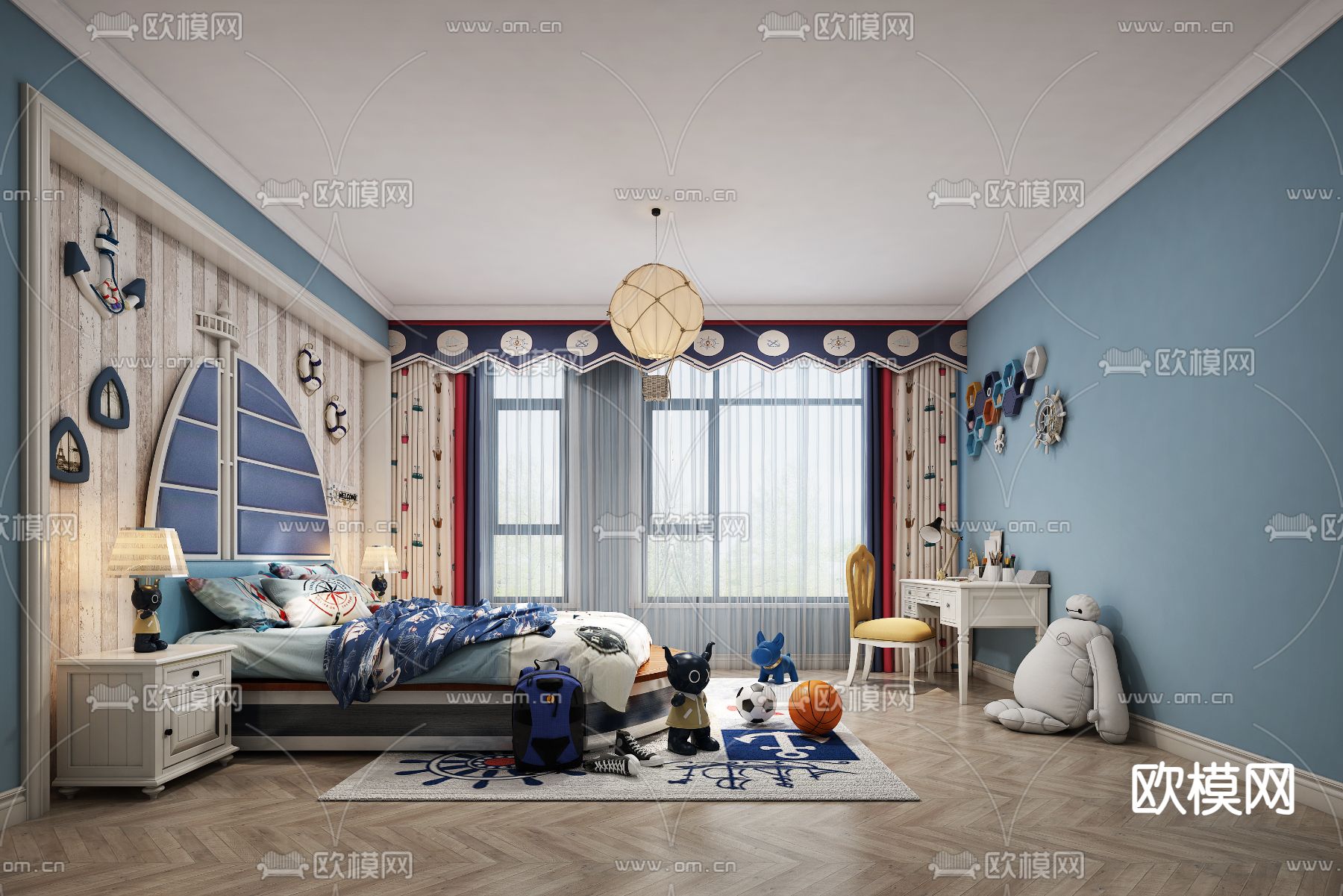地中海儿童房 小孩房卧室 男孩房3d模型下载（渲染图1）