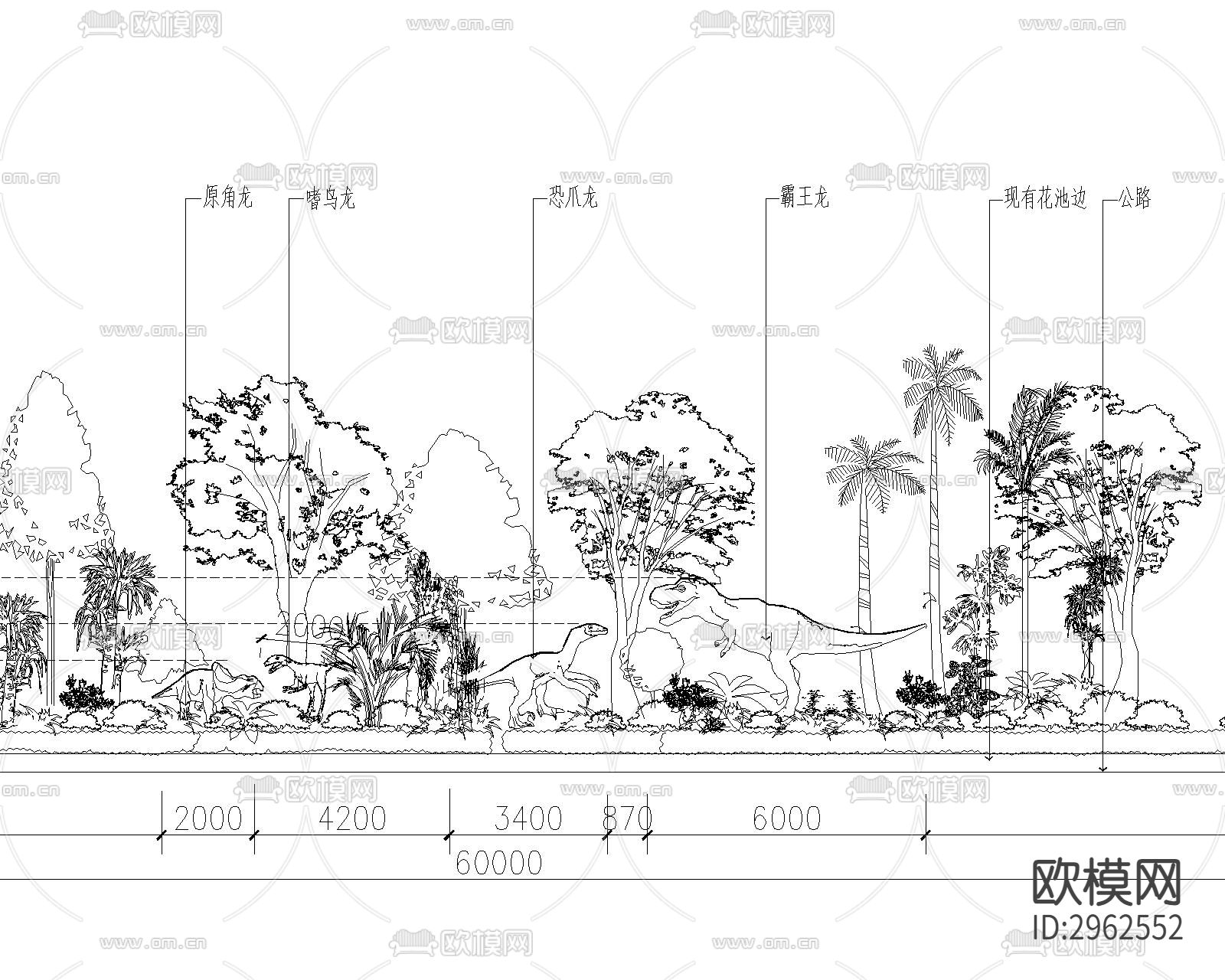 恐龙雕塑CAD立面图下载（渲染图7）