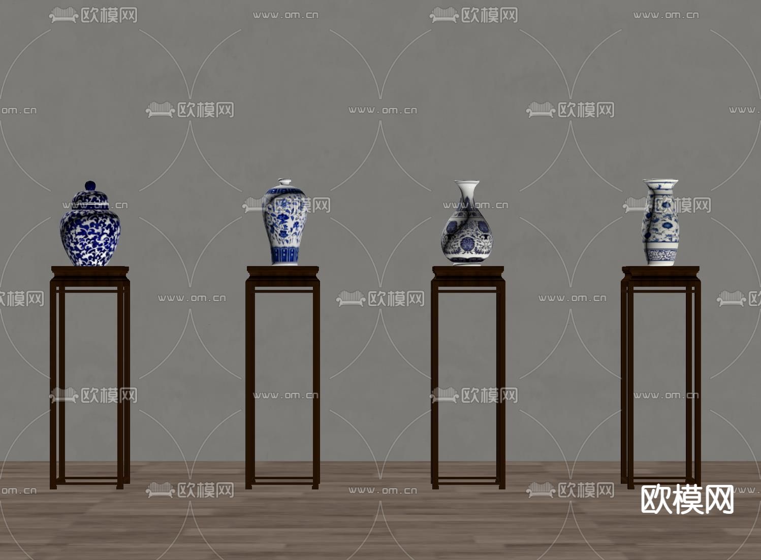 新中式陶瓷器 青花瓷su模型下载（渲染图1）