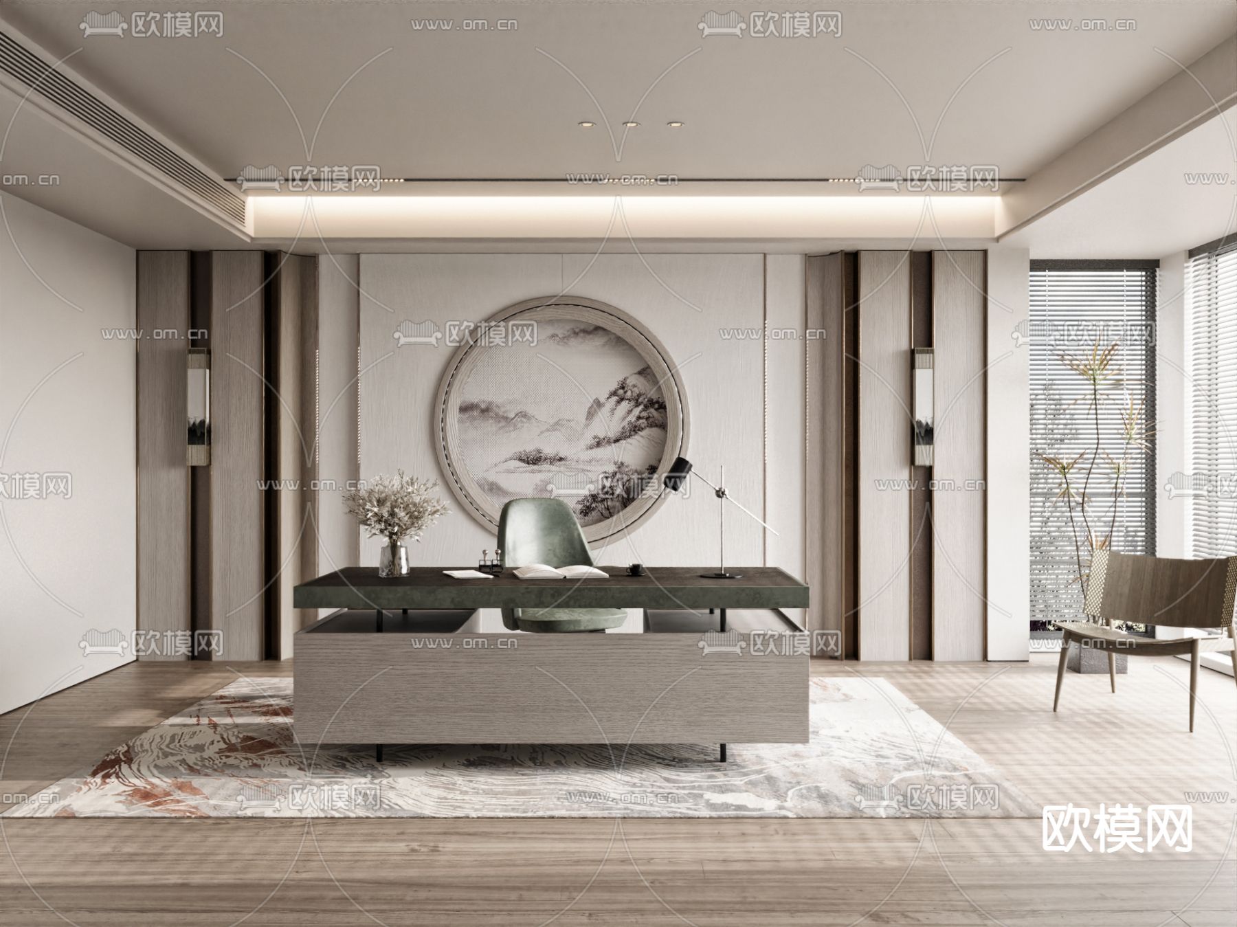 新中式书房su模型下载（渲染图2）