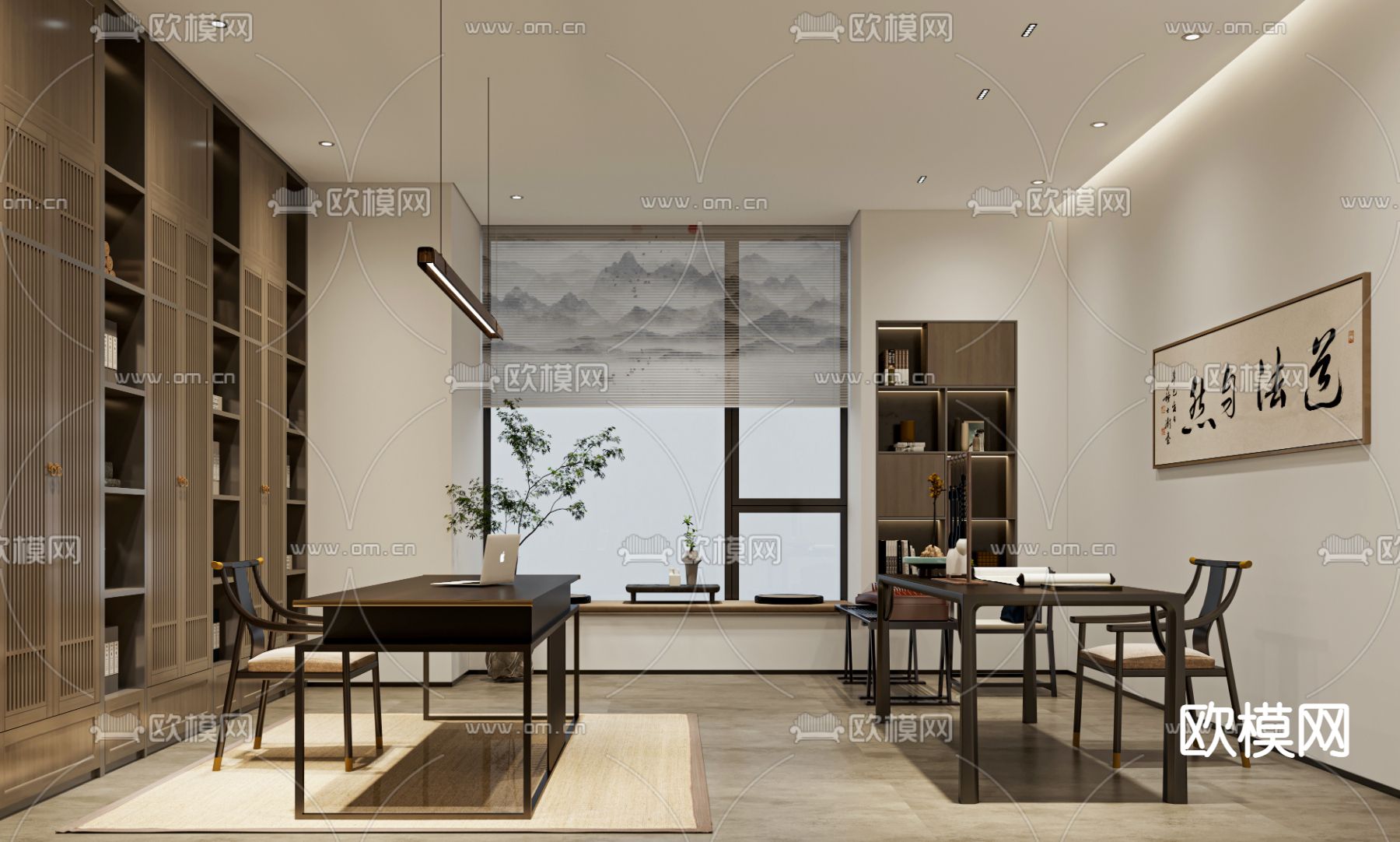 新中式书房su模型下载（渲染图2）