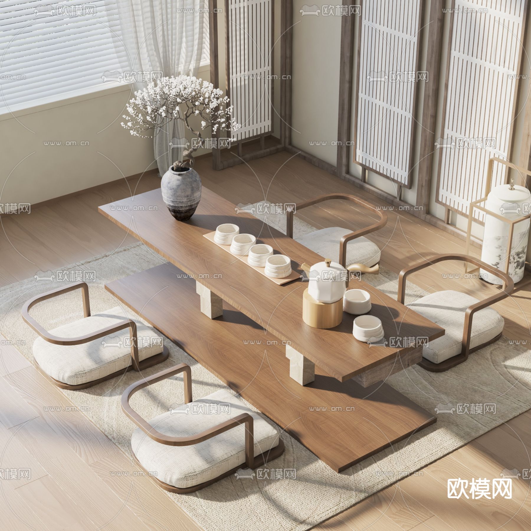 新中式茶桌 茶台su模型下载（渲染图2）