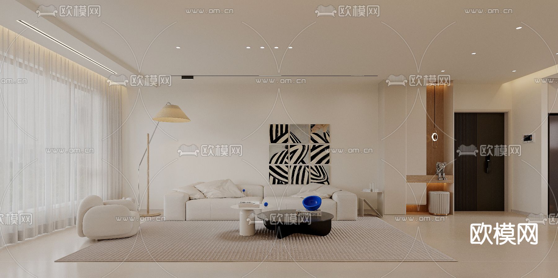 奶油风客厅 餐厅3d模型下载（渲染图1）