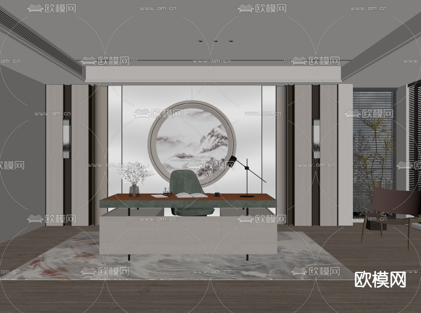 新中式书房su模型下载（渲染图1）