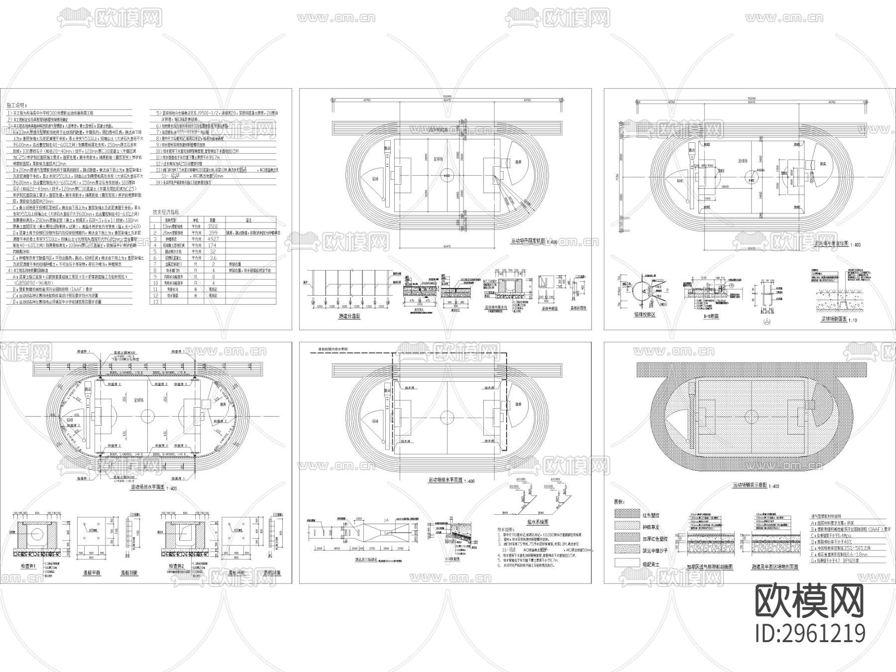 6套环形塑胶跑道运动场地cad施工图下载（渲染图4）