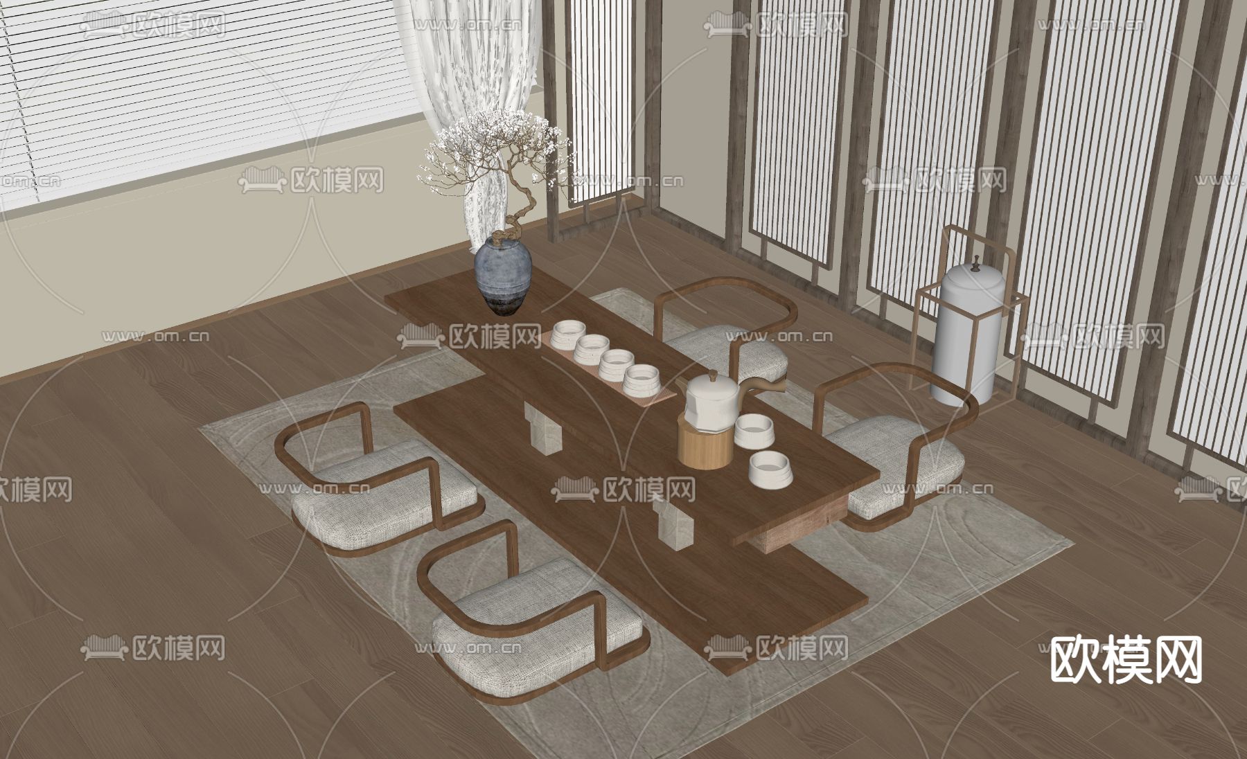 新中式茶桌 茶台su模型下载（渲染图1）