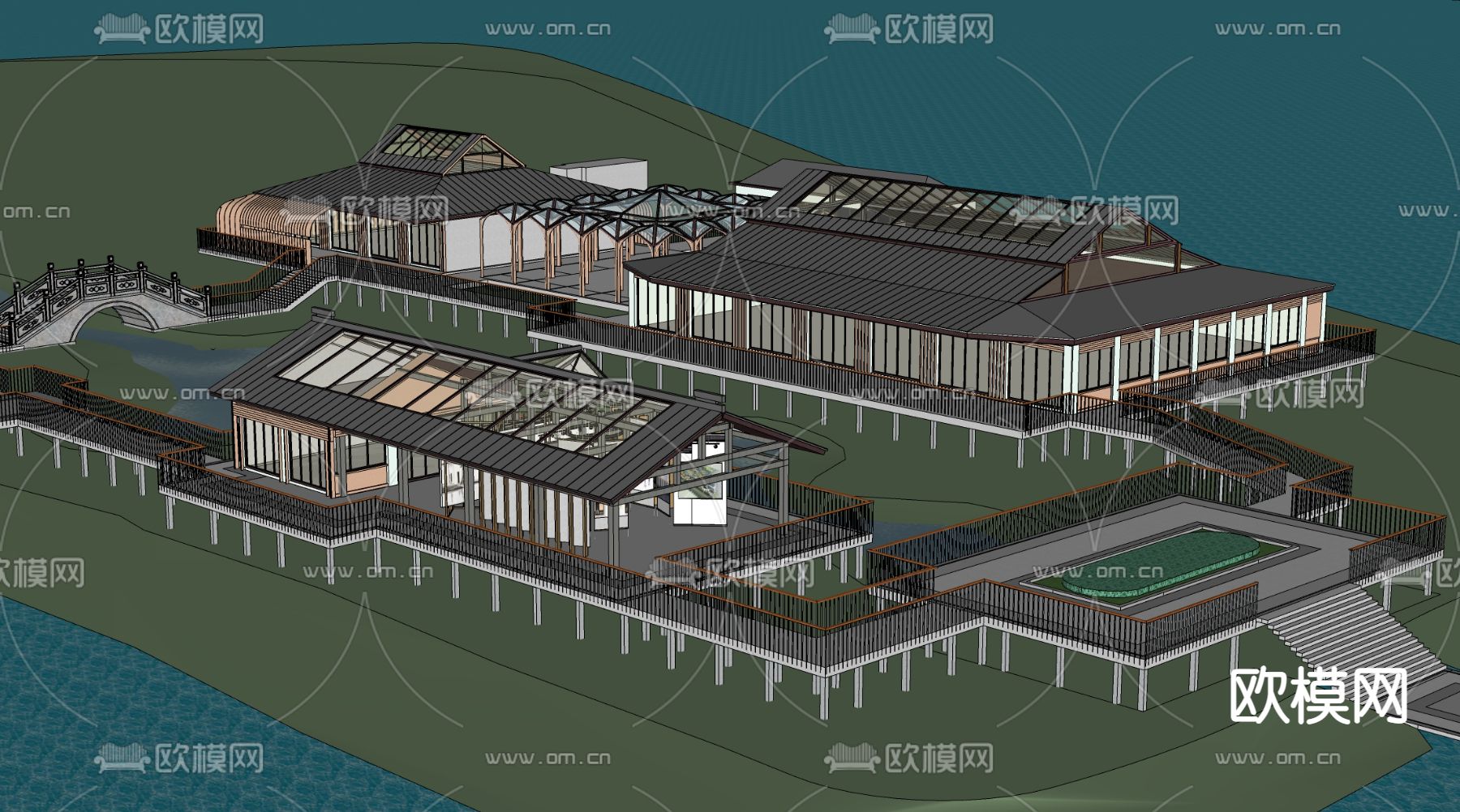 新中式会所建筑su模型下载（渲染图1）