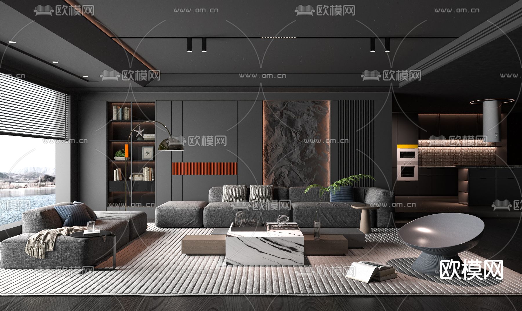 暗黑风客厅3d模型下载