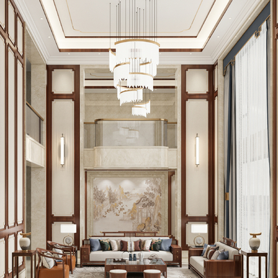  新中式别墅大堂su模型 