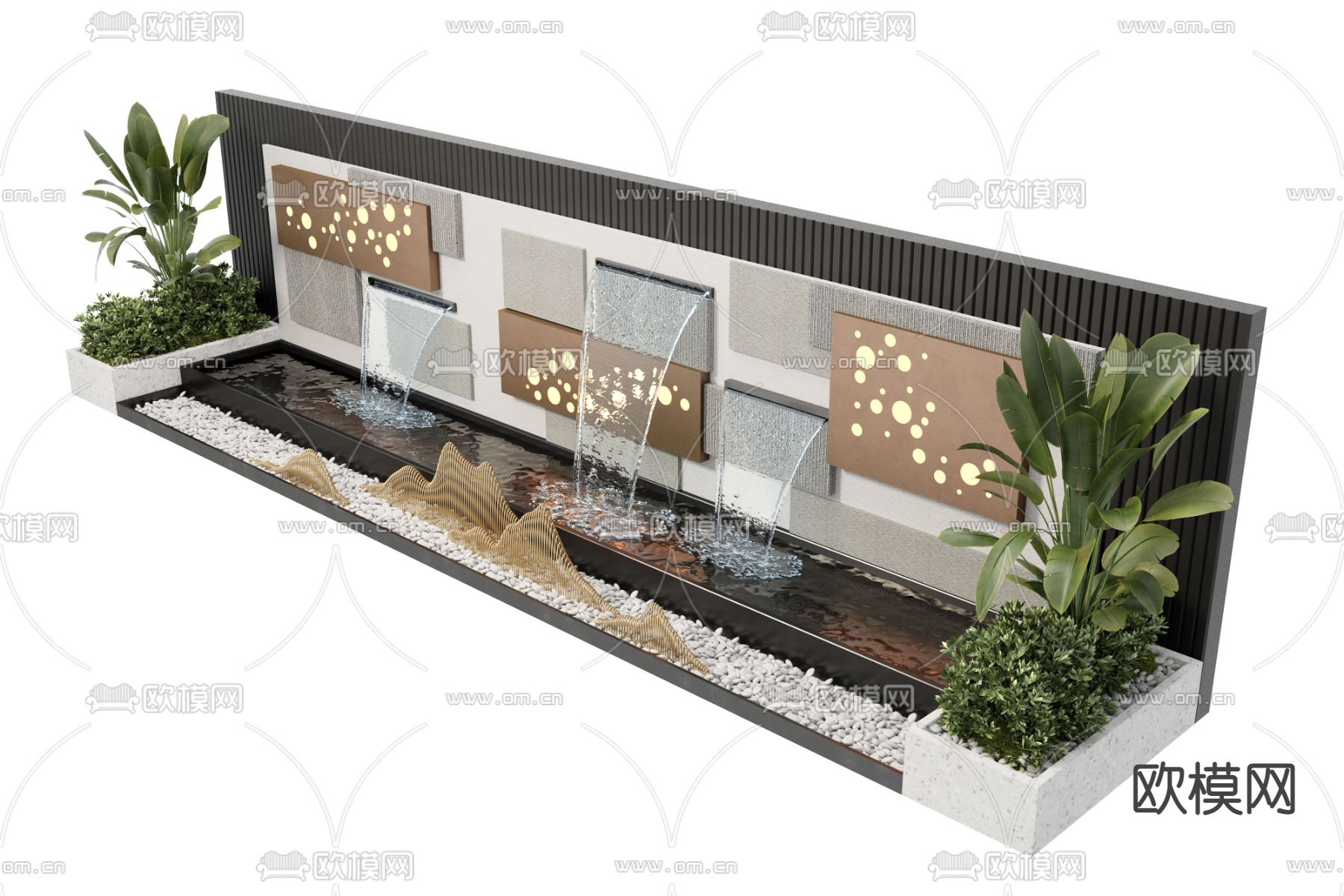 新中式水景墙 喷泉 水池小品3d模型下载