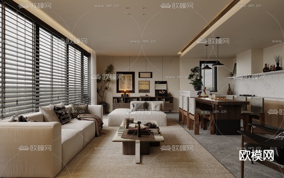 中古风客厅 餐厅3d模型下载(渲染图1)