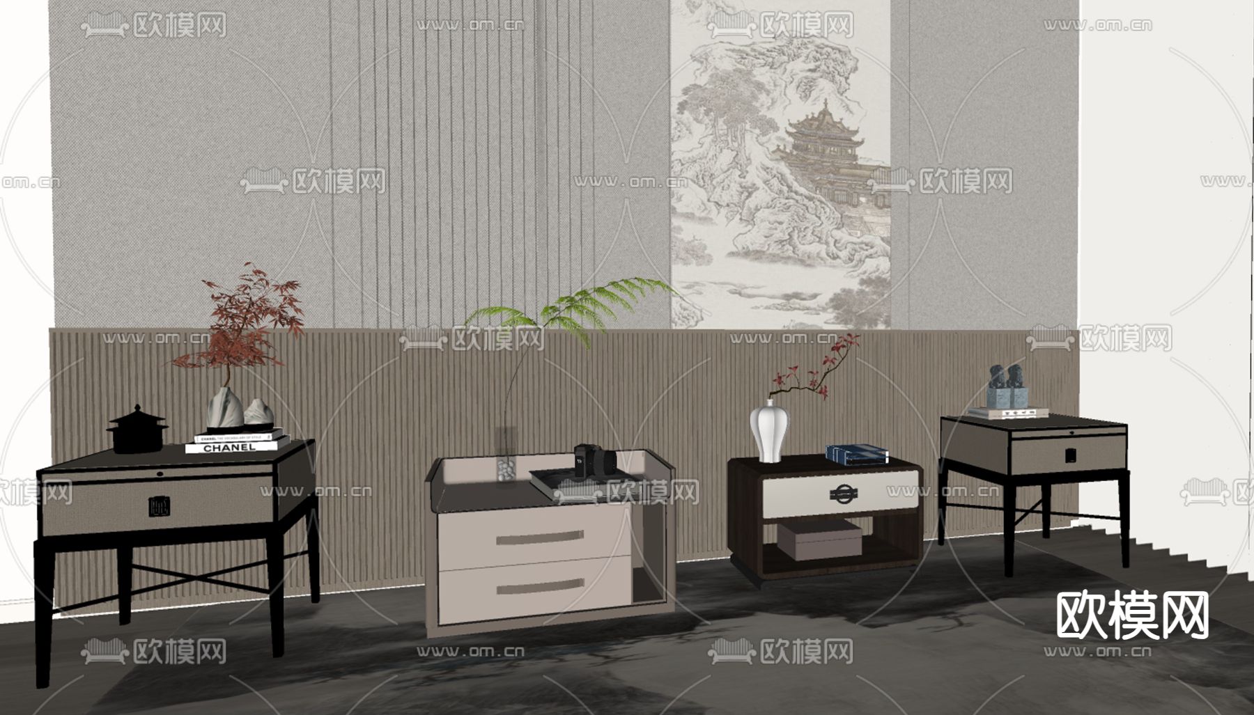 新中式床头柜su模型下载（渲染图1）