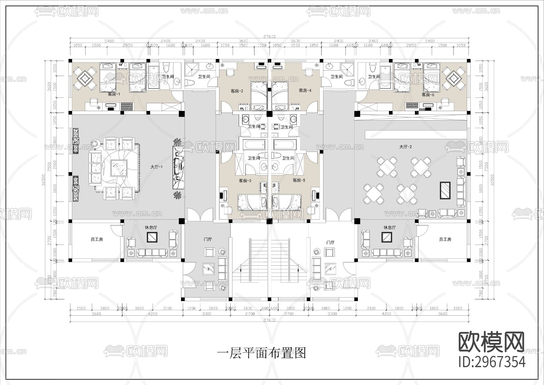 两层自建房农家乐民宿cad平面图下载（渲染图1）