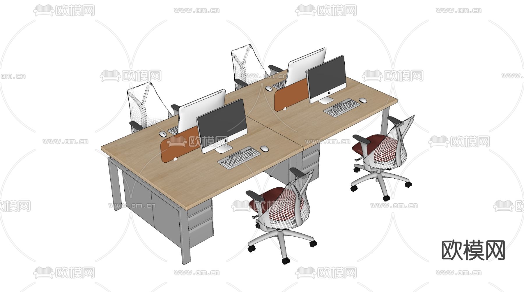 办公桌椅 屏风卡位su模型下载（渲染图1）
