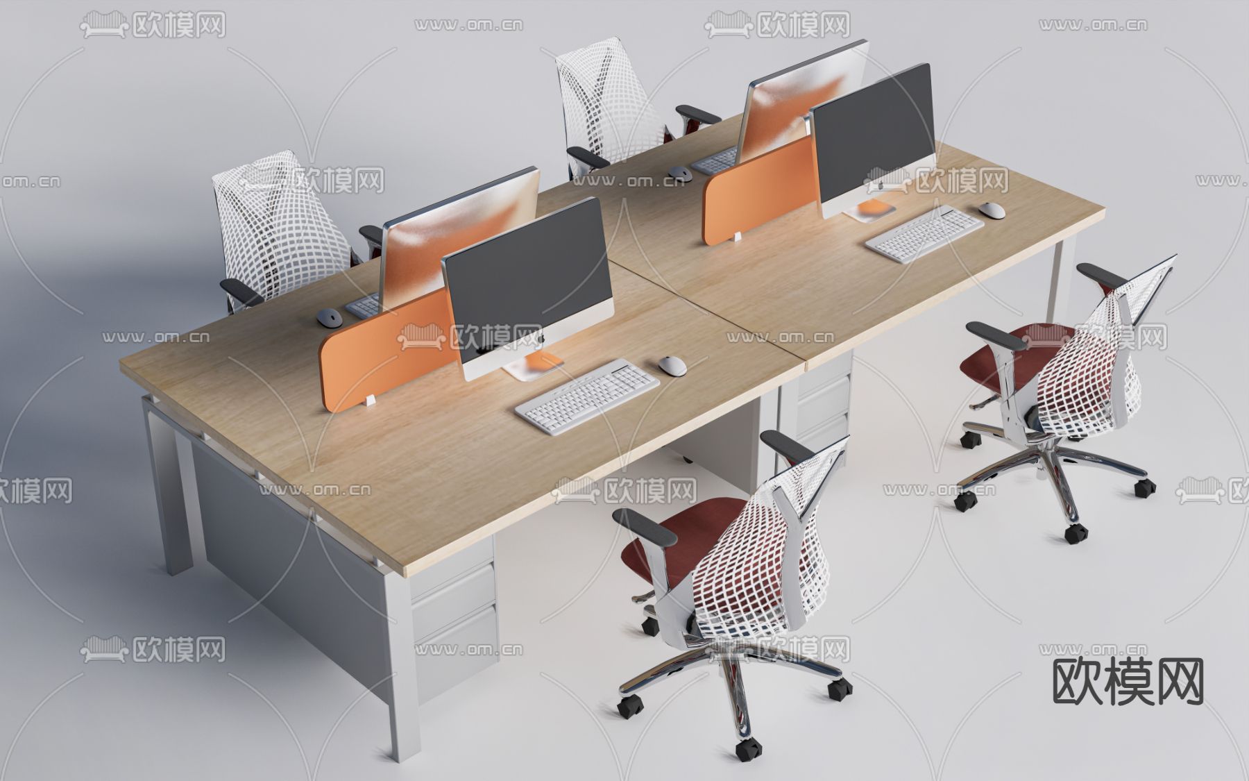 办公桌椅 屏风卡位su模型下载（渲染图2）