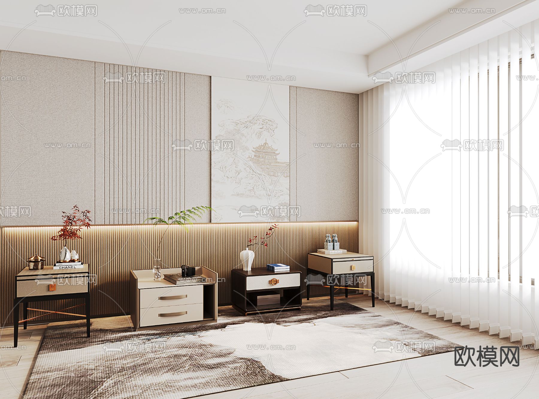 新中式床头柜su模型下载（渲染图2）