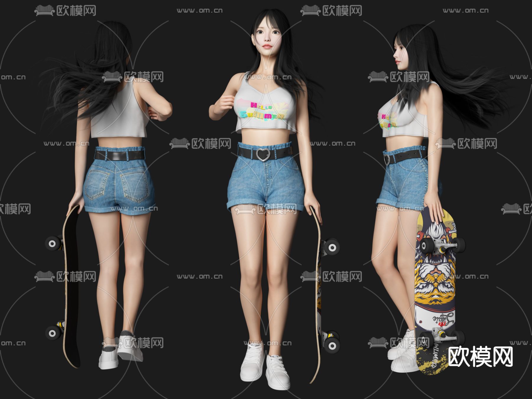 滑板美女人物3d模型下载