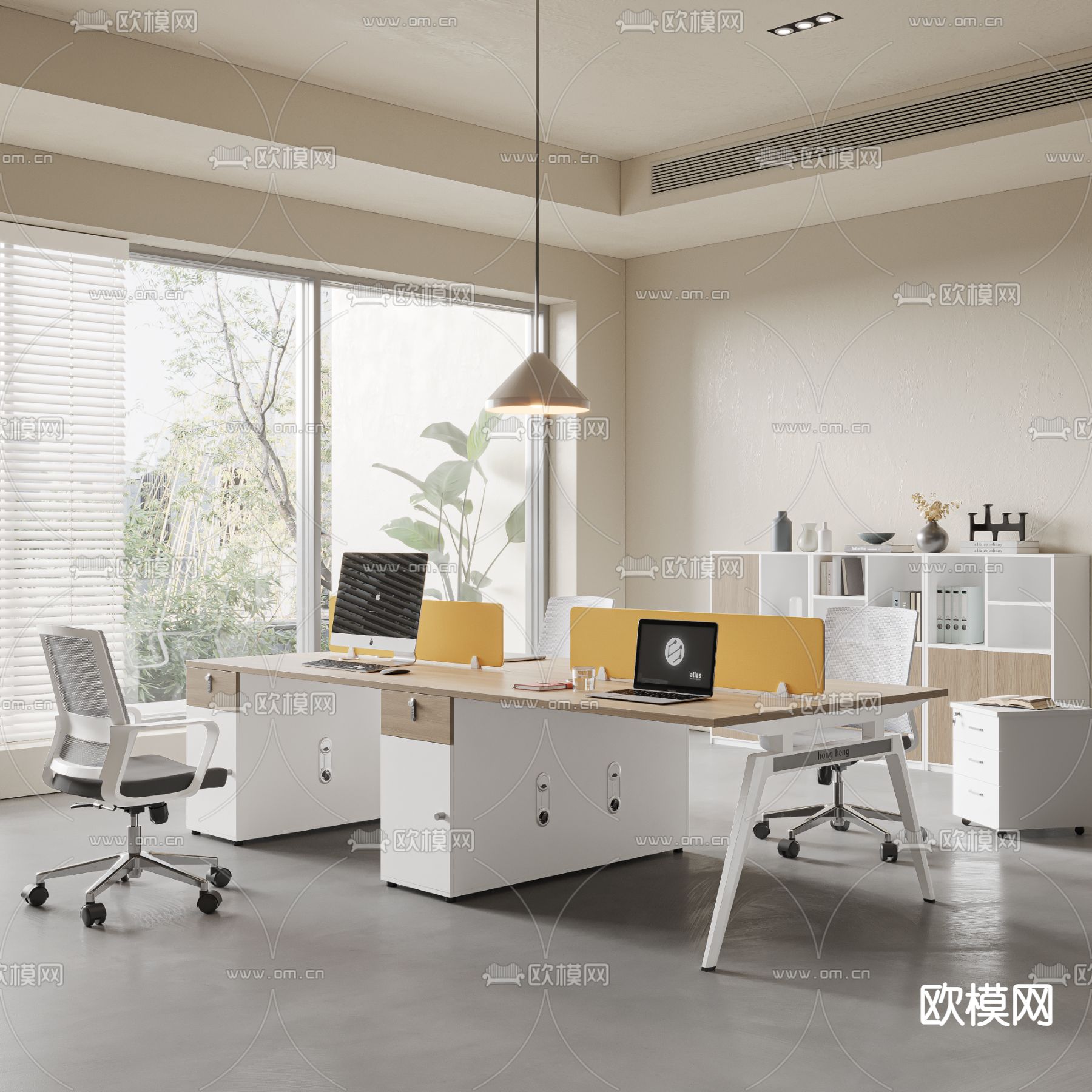 现代办公桌椅 职员工位su模型下载（渲染图2）
