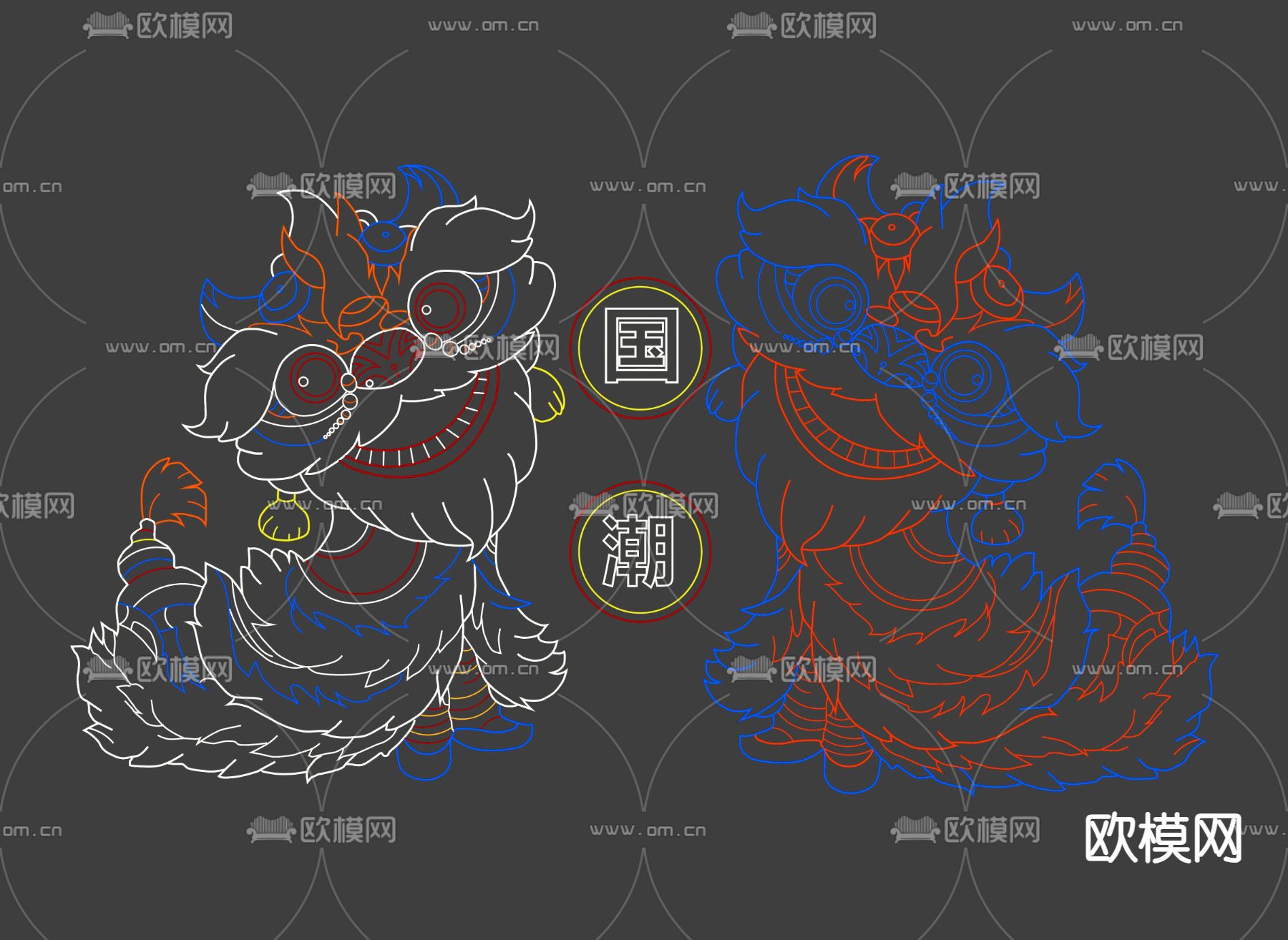 醒狮舞狮霓虹灯 装饰灯su模型下载（渲染图1）