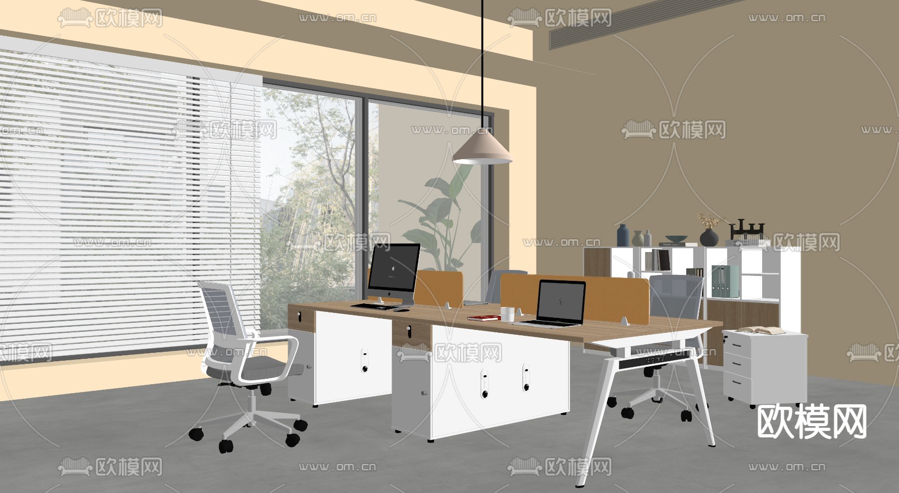 现代办公桌椅 职员工位su模型下载（渲染图1）