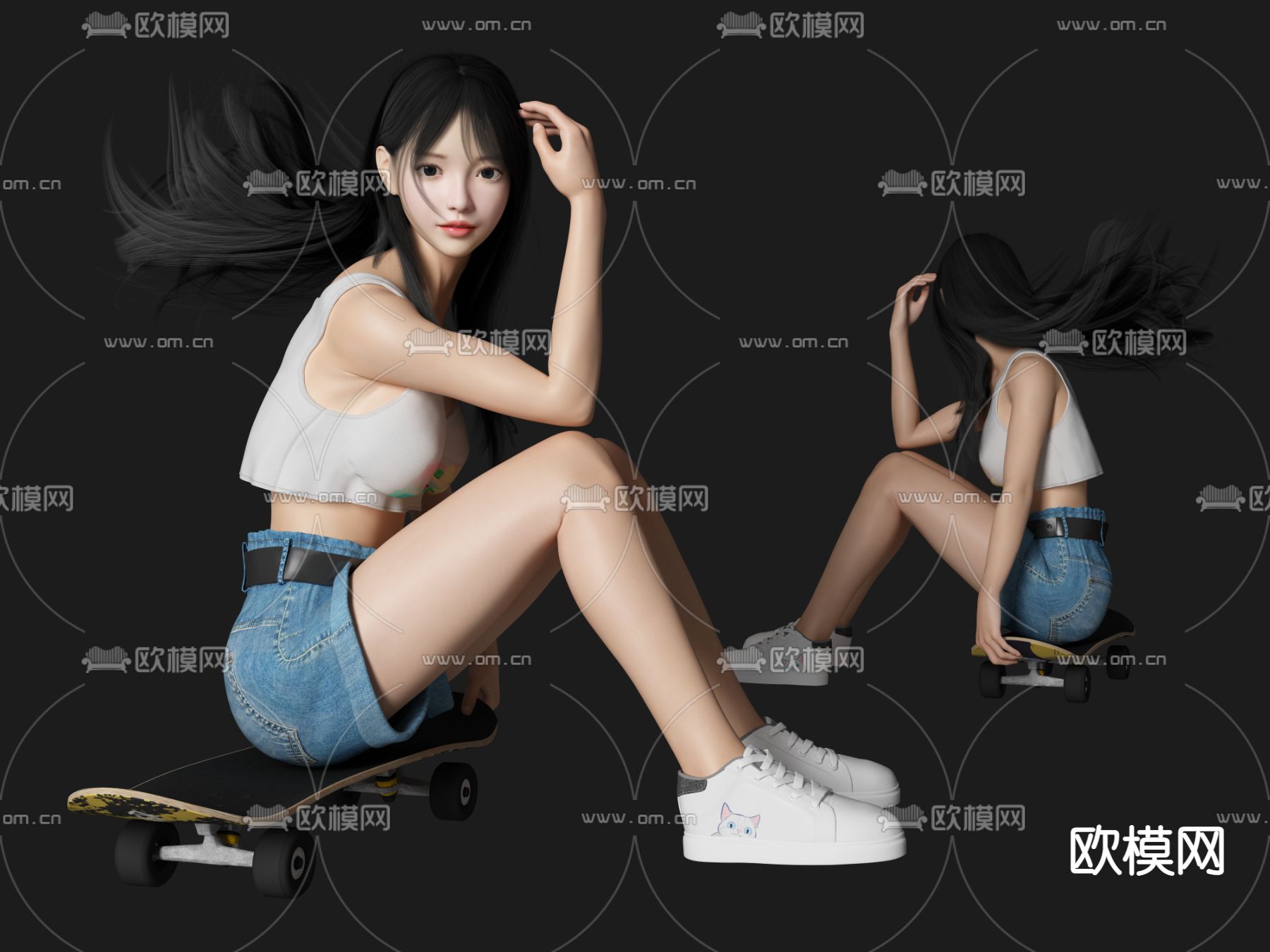 滑板女孩 运动少女 美女人物3d模型下载