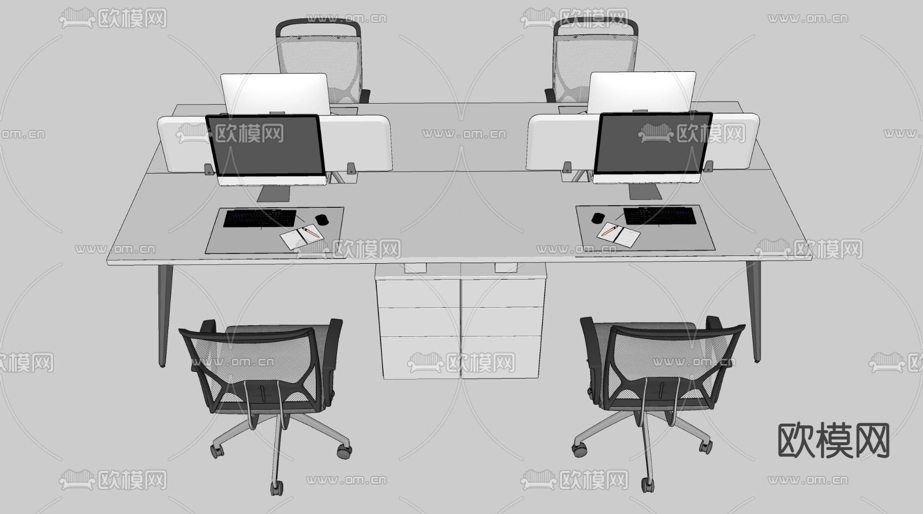 办公桌椅 屏风卡位su模型下载（渲染图1）