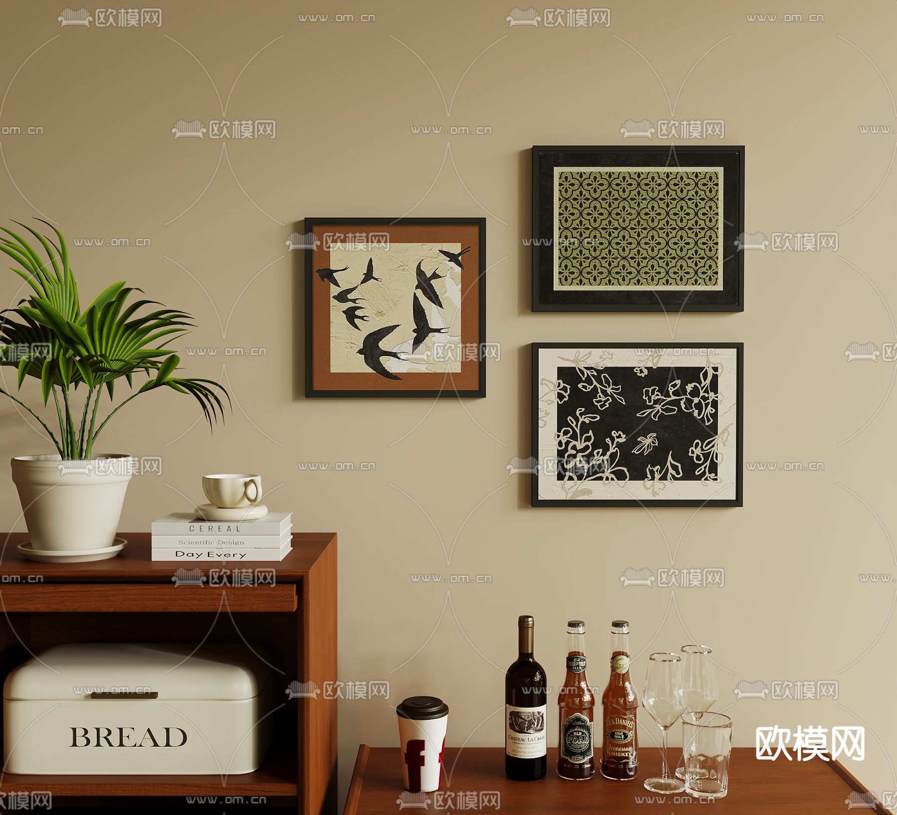 中古风装饰画 飞鸟画 复古画 花卉画3d模型下载