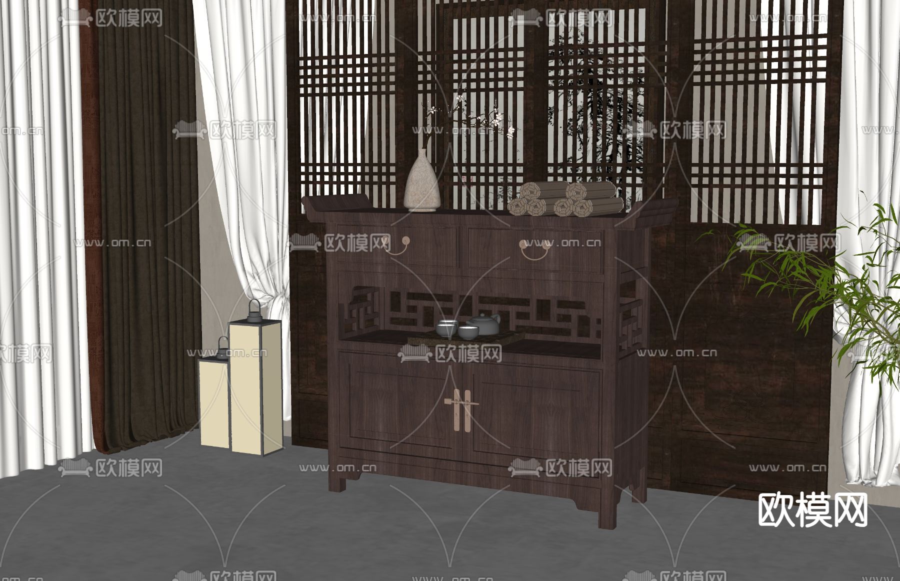 新中式餐边柜su模型下载（渲染图1）