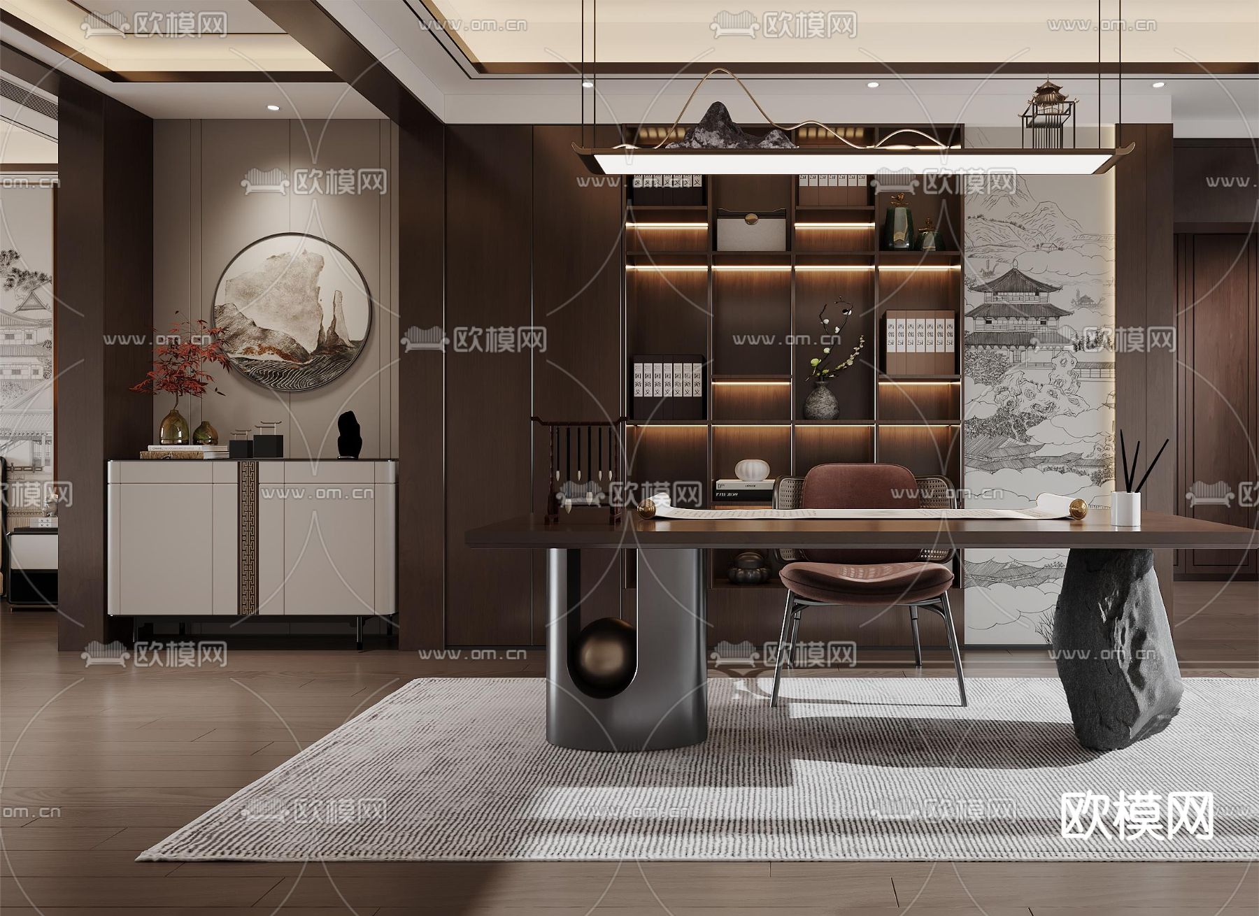 中式书房 学习房3d模型下载（渲染图2）