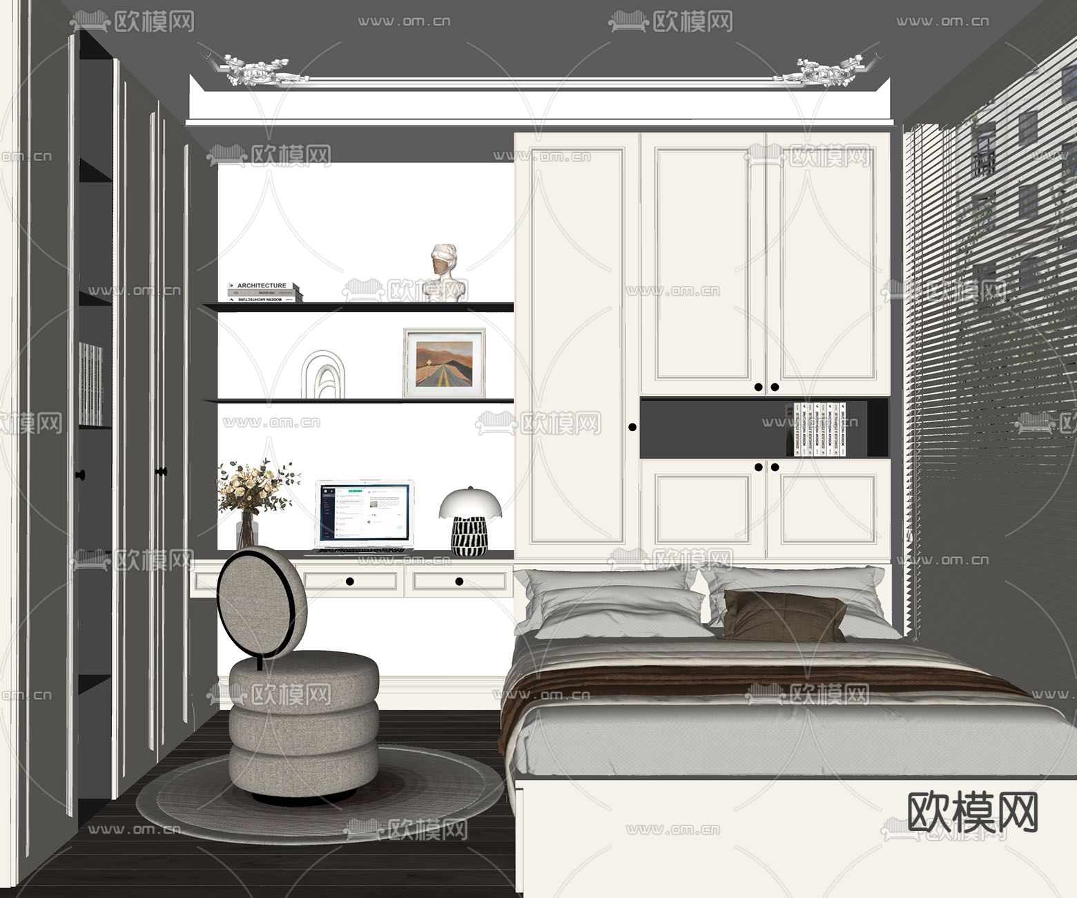 法式次卧 榻榻米卧室su模型下载（渲染图2）