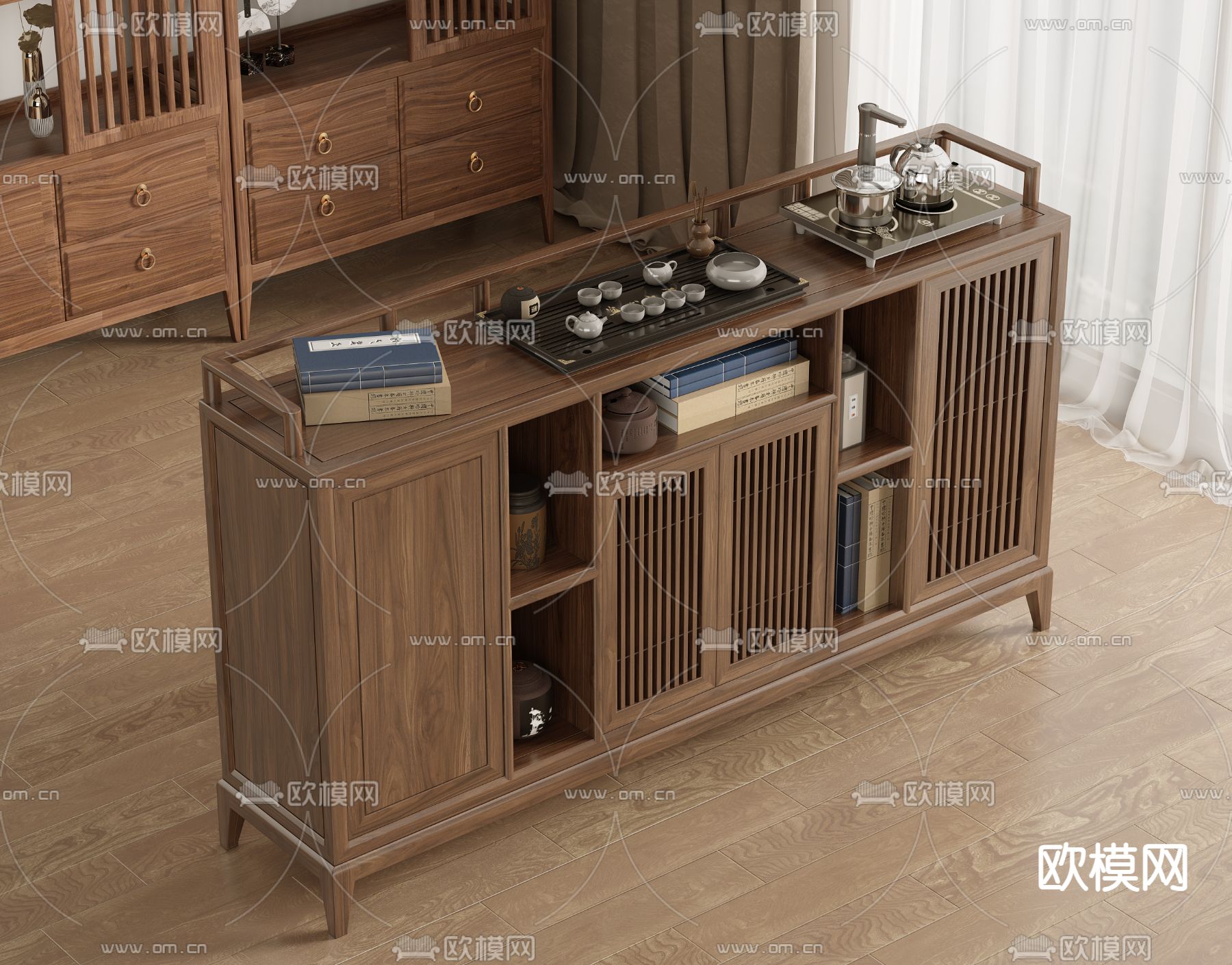 新中式茶水柜 泡茶柜 移动茶台3d模型下载（渲染图1）