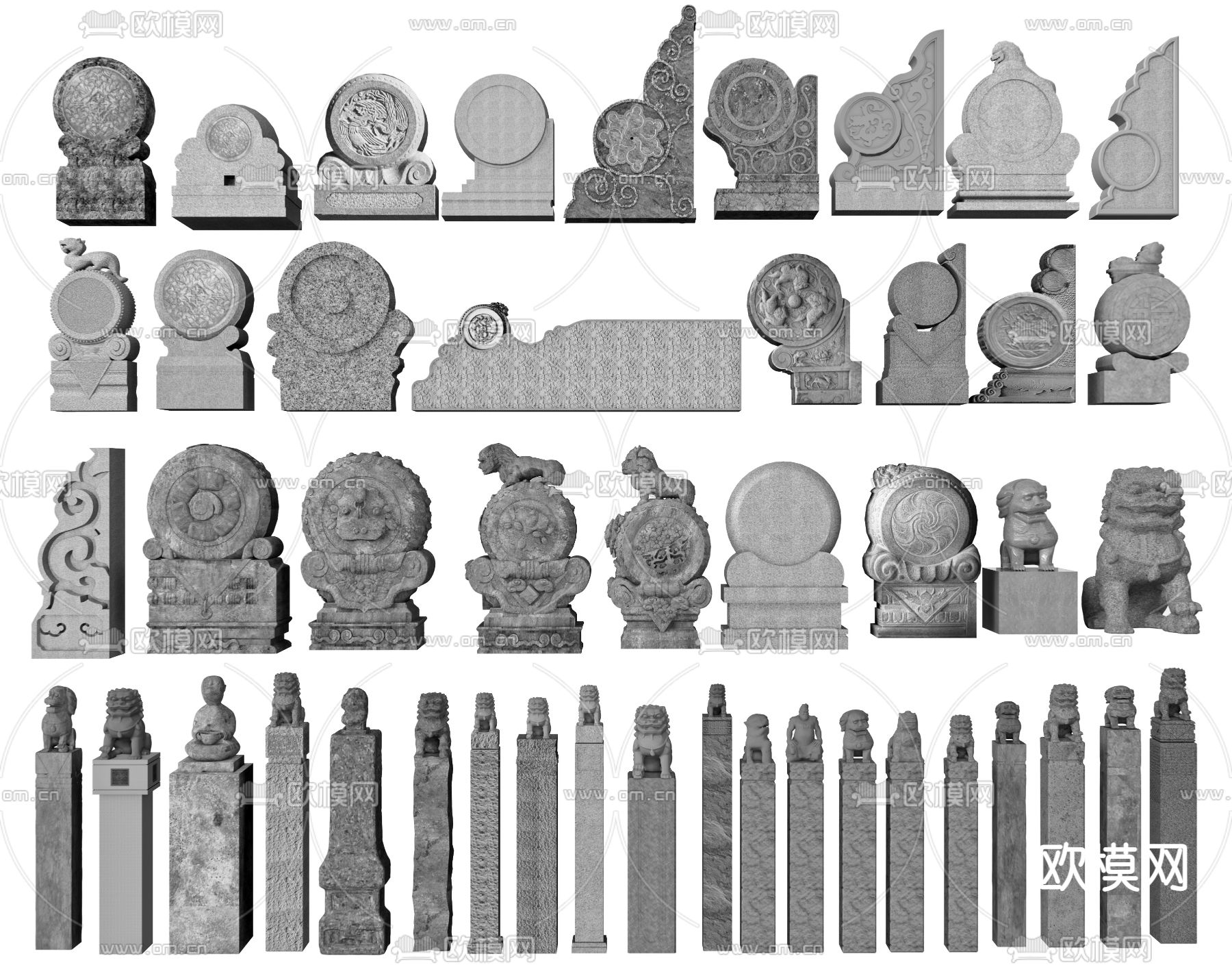 中式拴马桩 抱鼓石 石狮子3d模型下载