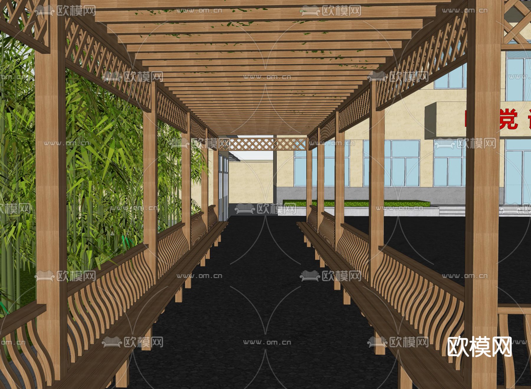 文化长廊 格栅廊架su模型下载（渲染图2）
