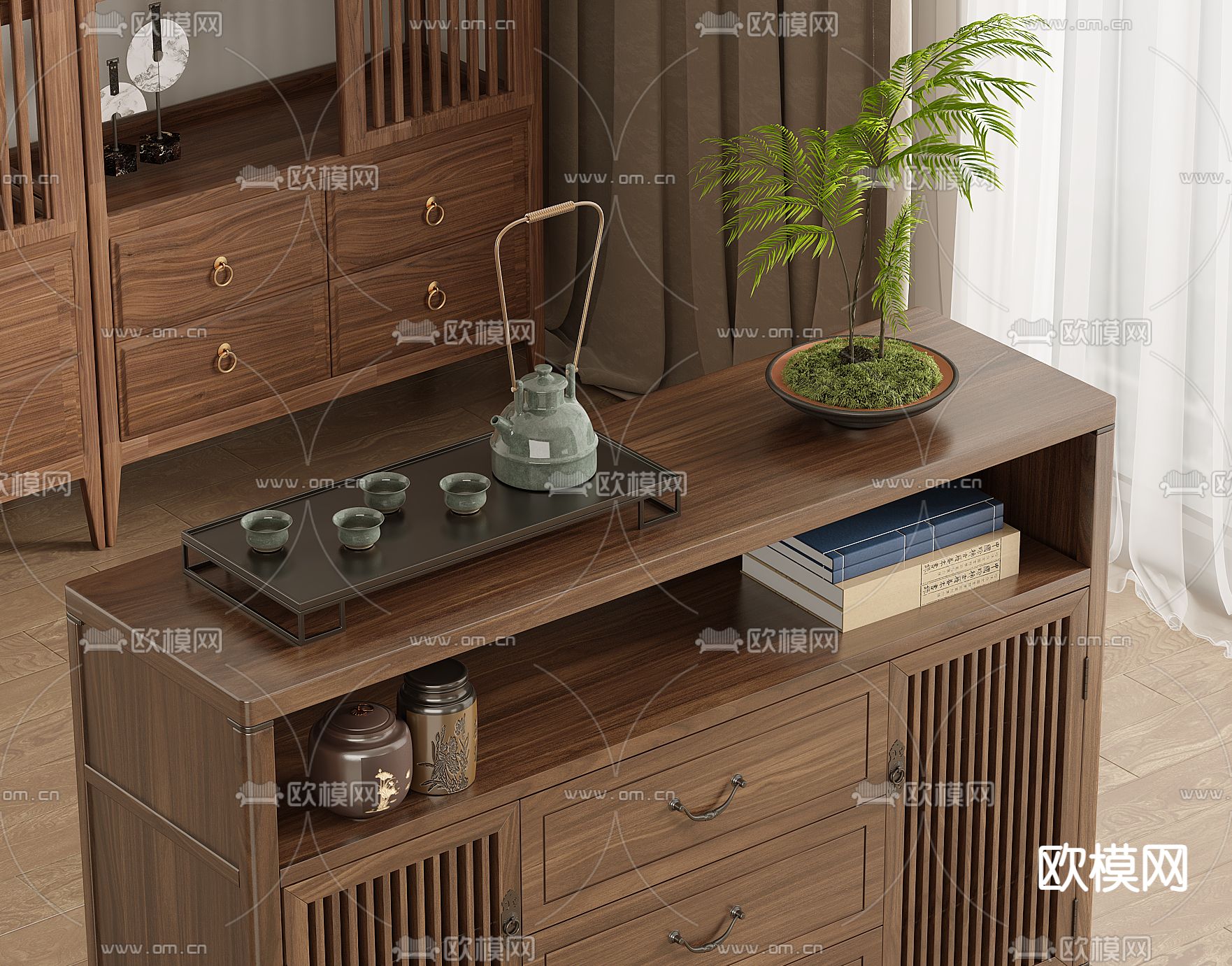 新中式茶水柜 泡茶柜 移动茶台3d模型下载（渲染图2）