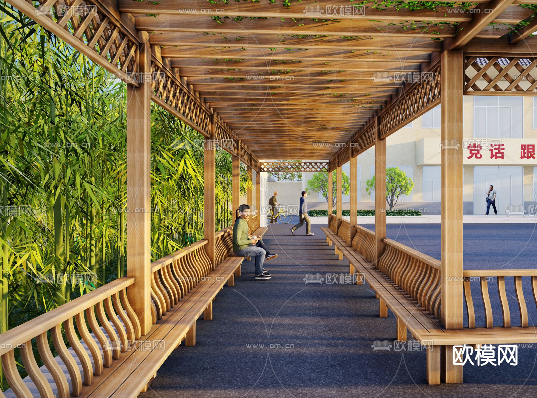 文化长廊 格栅廊架su模型下载（渲染图1）