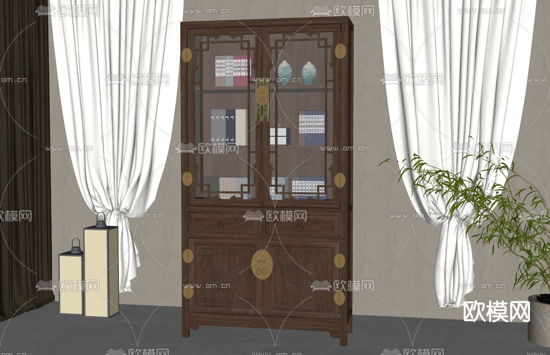 新中式书柜su模型下载（渲染图1）