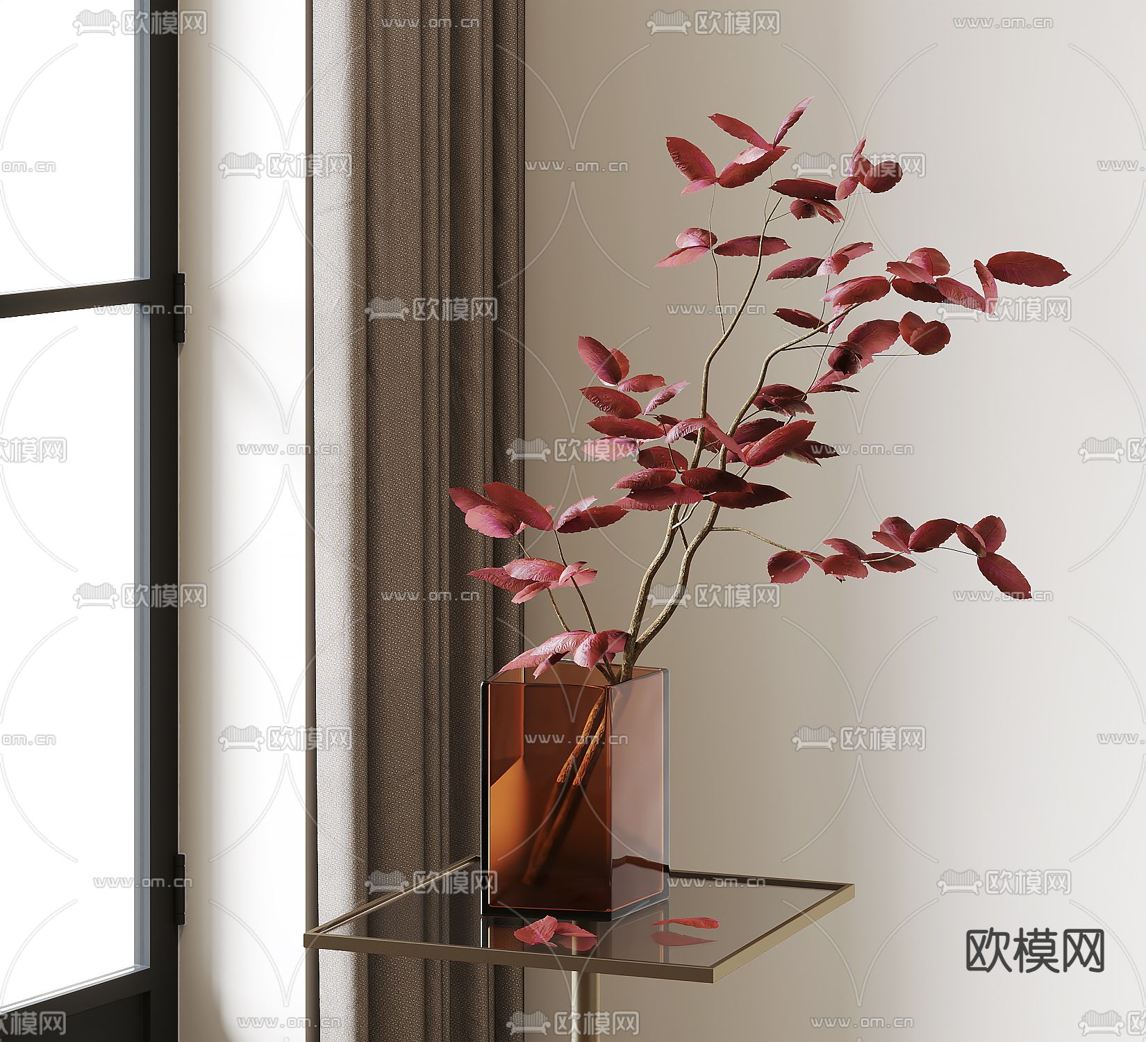 现代花瓶花艺 枫叶su模型