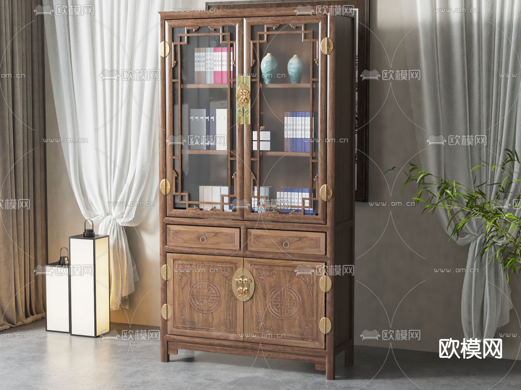 新中式书柜su模型下载（渲染图2）