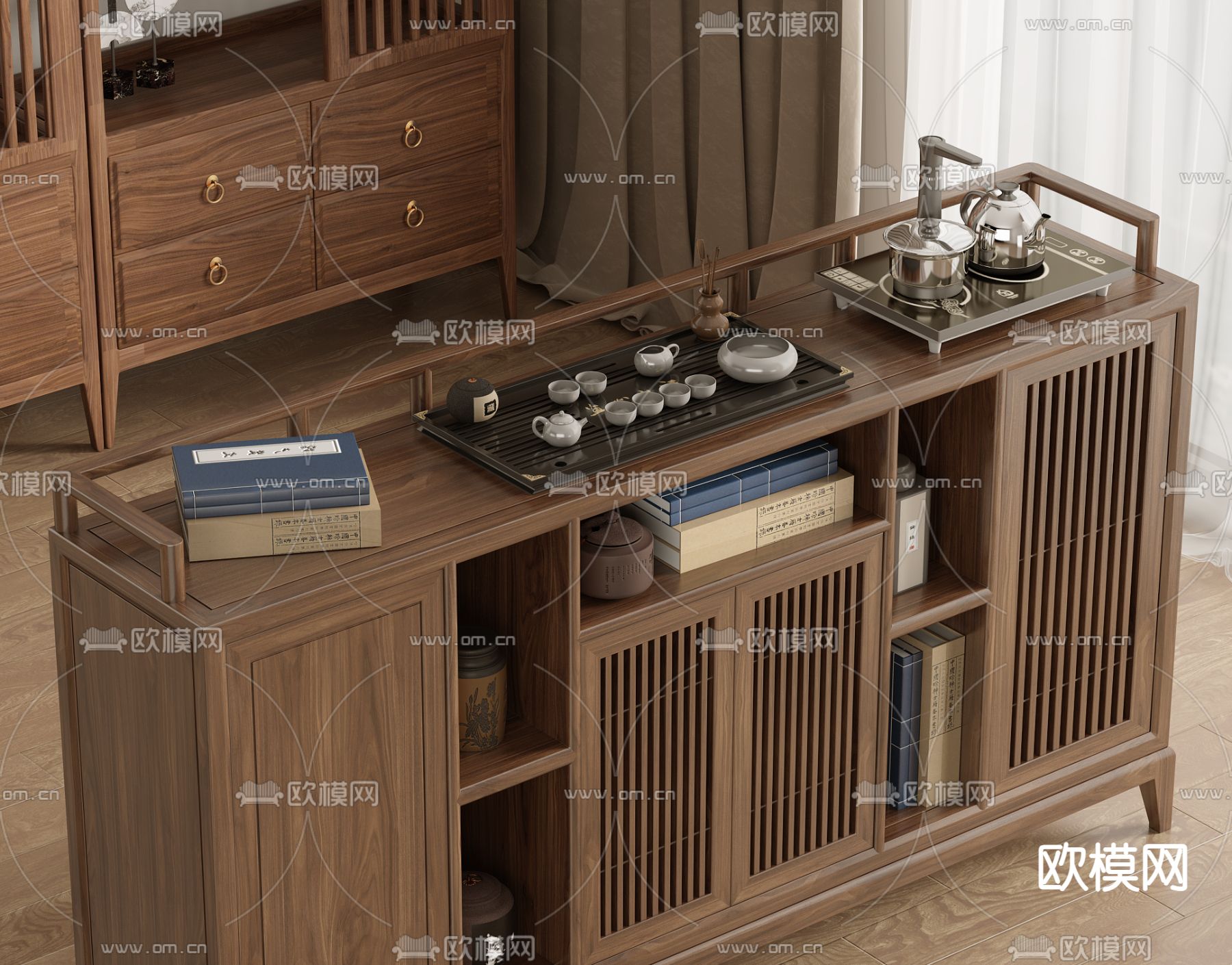 新中式茶水柜 泡茶柜 移动茶台3d模型下载（渲染图2）