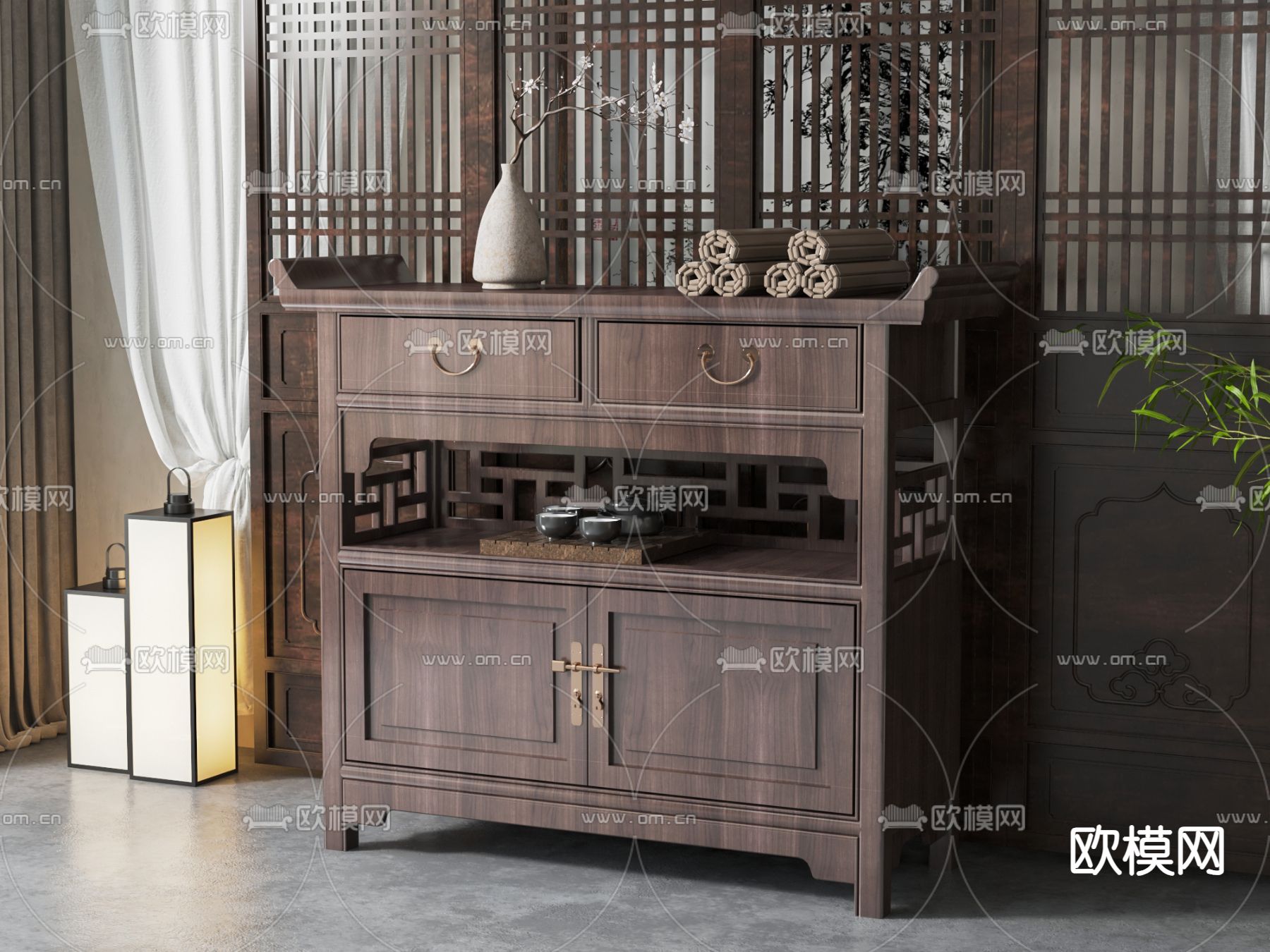 新中式餐边柜su模型下载（渲染图2）