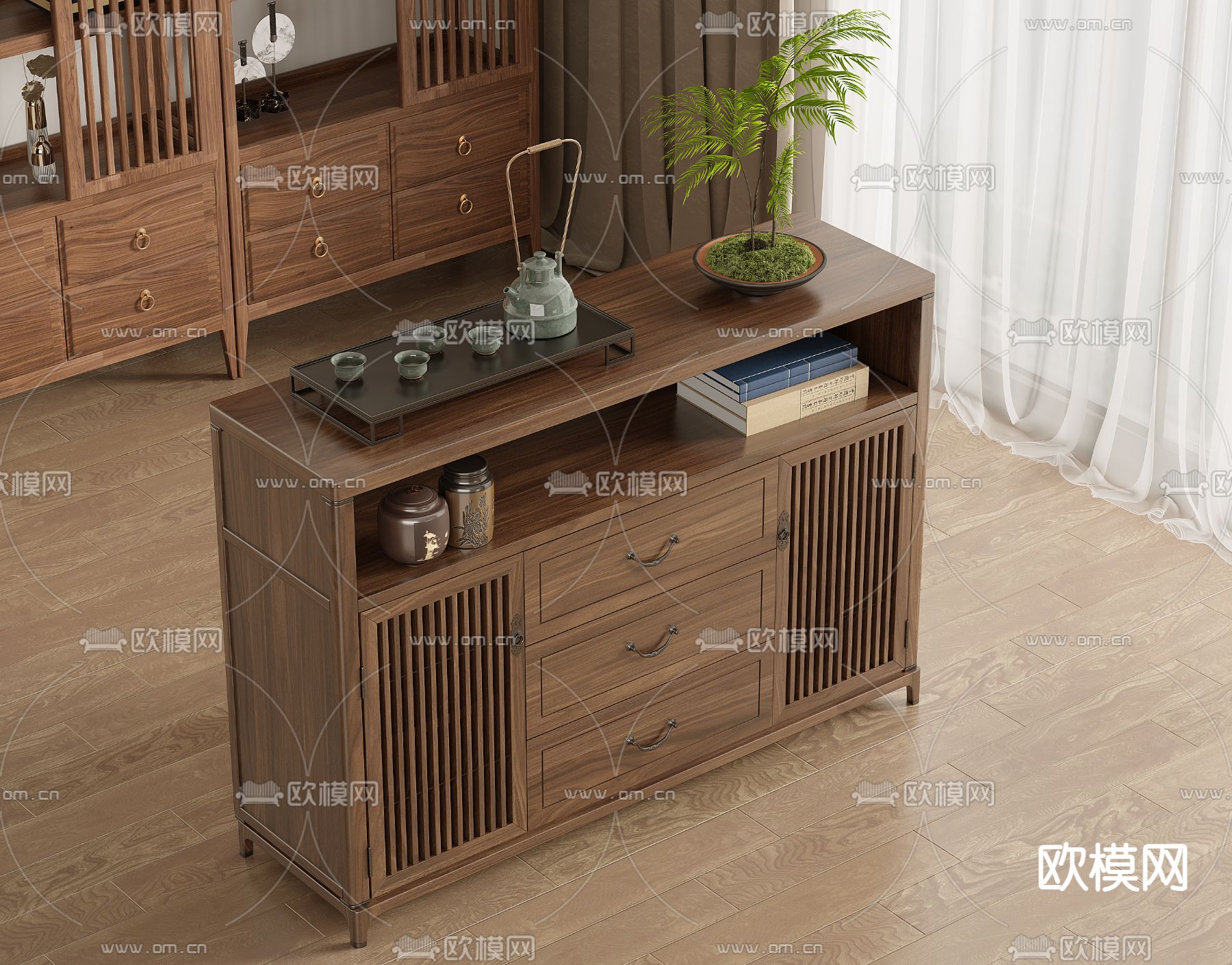 新中式茶水柜 泡茶柜 移动茶台3d模型下载（渲染图1）