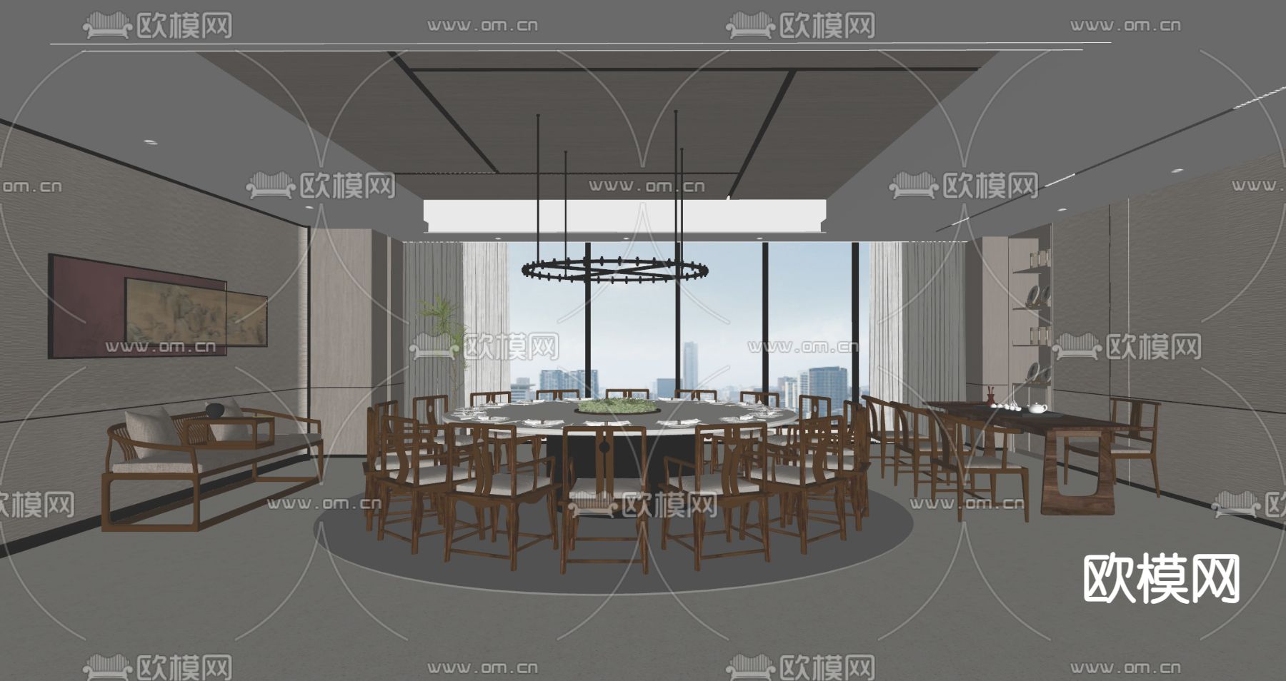 新中式餐饮包厢su模型下载（渲染图1）