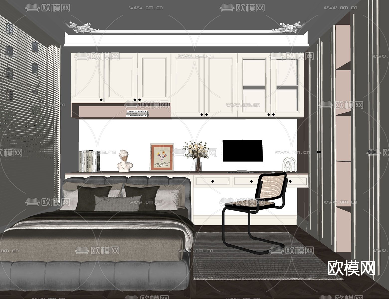 法式次卧 榻榻米卧室su模型下载（渲染图2）