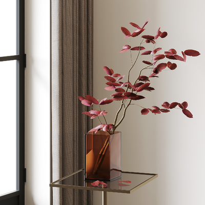 现代花瓶花艺 枫叶su模型